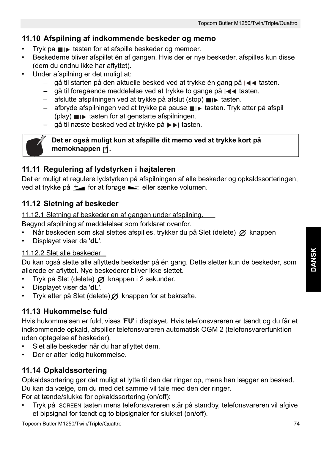 Topcom M1250 manual Afspilning af indkommende beskeder og memo, Regulering af lydstyrken i højtaleren, Sletning af beskeder 