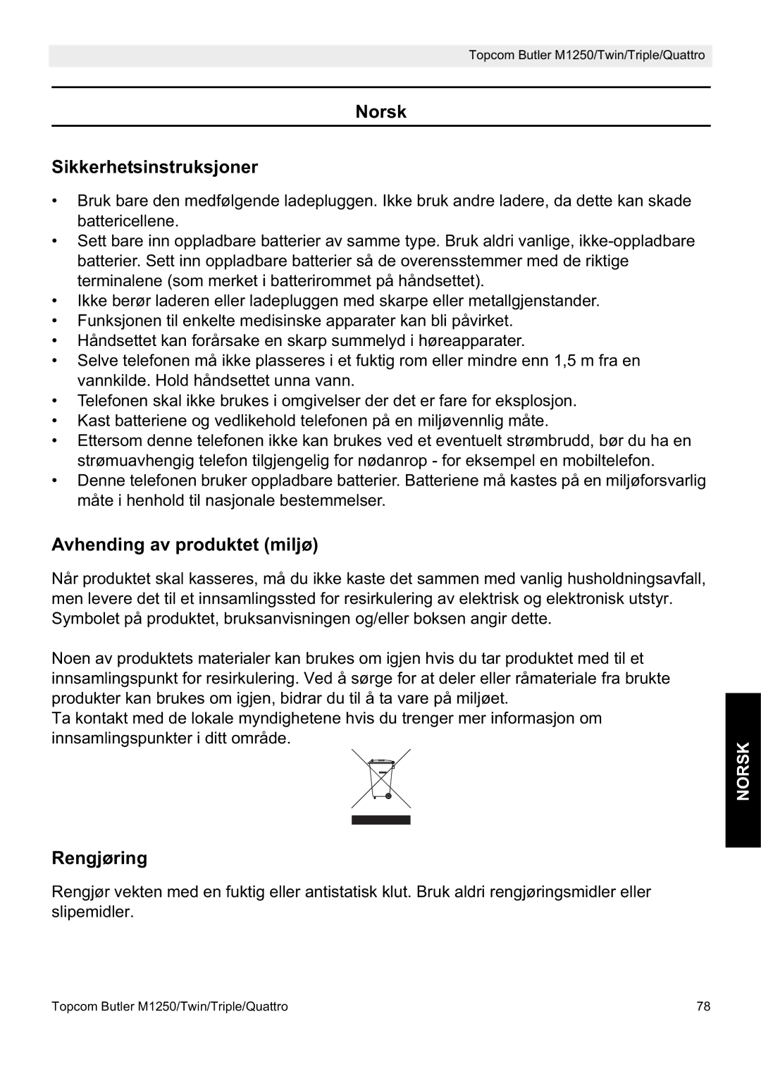 Topcom M1250 manual Norsk Sikkerhetsinstruksjoner, Avhending av produktet miljø, Rengjøring 