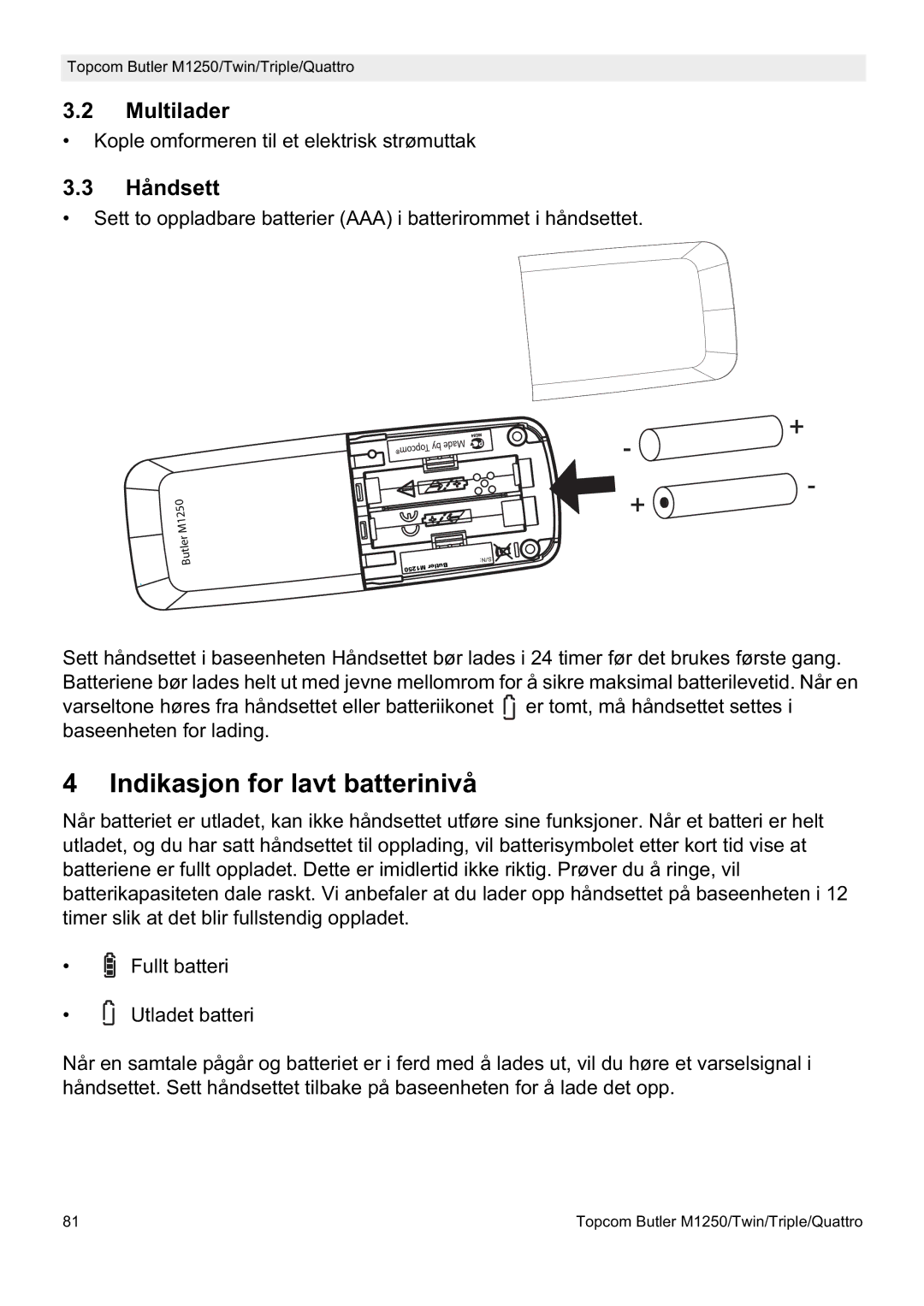 Topcom M1250 manual Indikasjon for lavt batterinivå, Multilader, Håndsett 