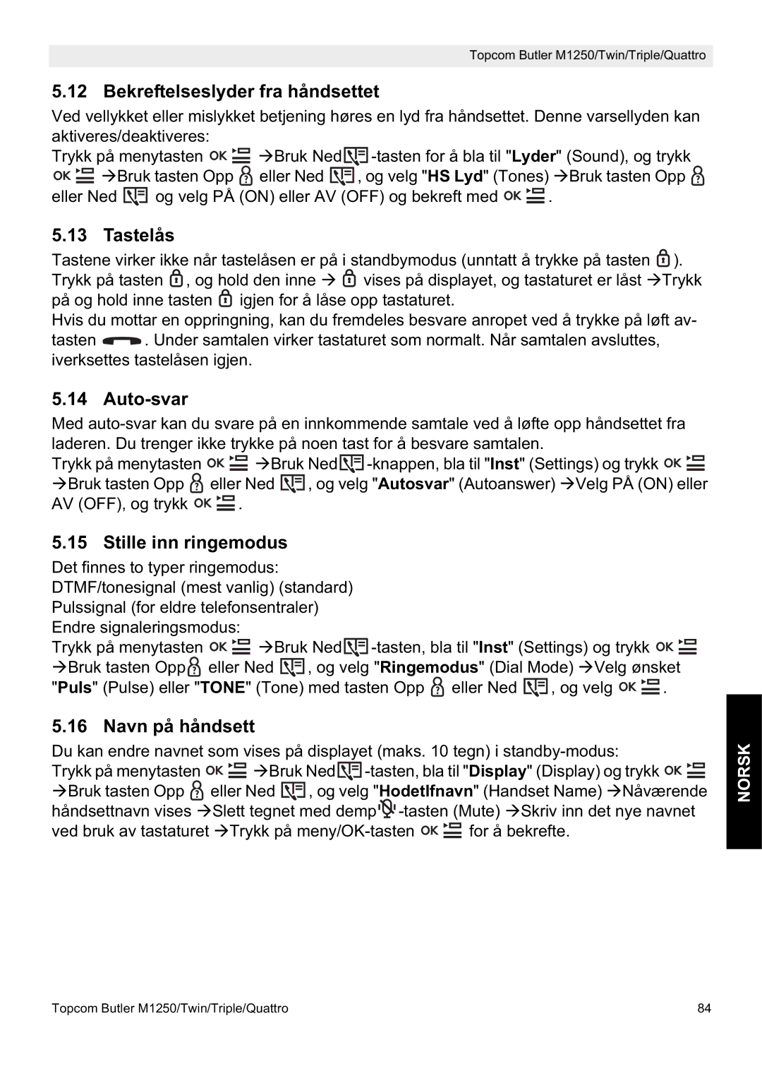 Topcom M1250 manual Bekreftelseslyder fra håndsettet, Tastelås, Auto-svar, Stille inn ringemodus, Navn på håndsett 