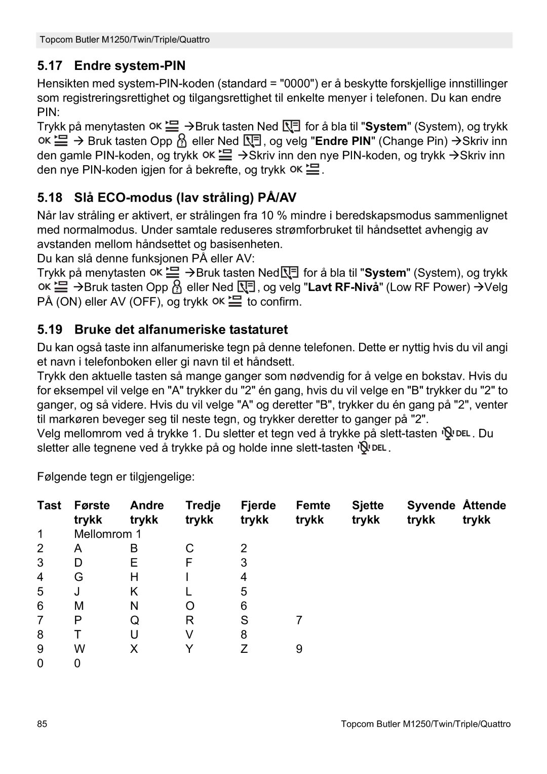 Topcom M1250 manual Endre system-PIN, 18 Slå ECO-modus lav stråling PÅ/AV, Bruke det alfanumeriske tastaturet 