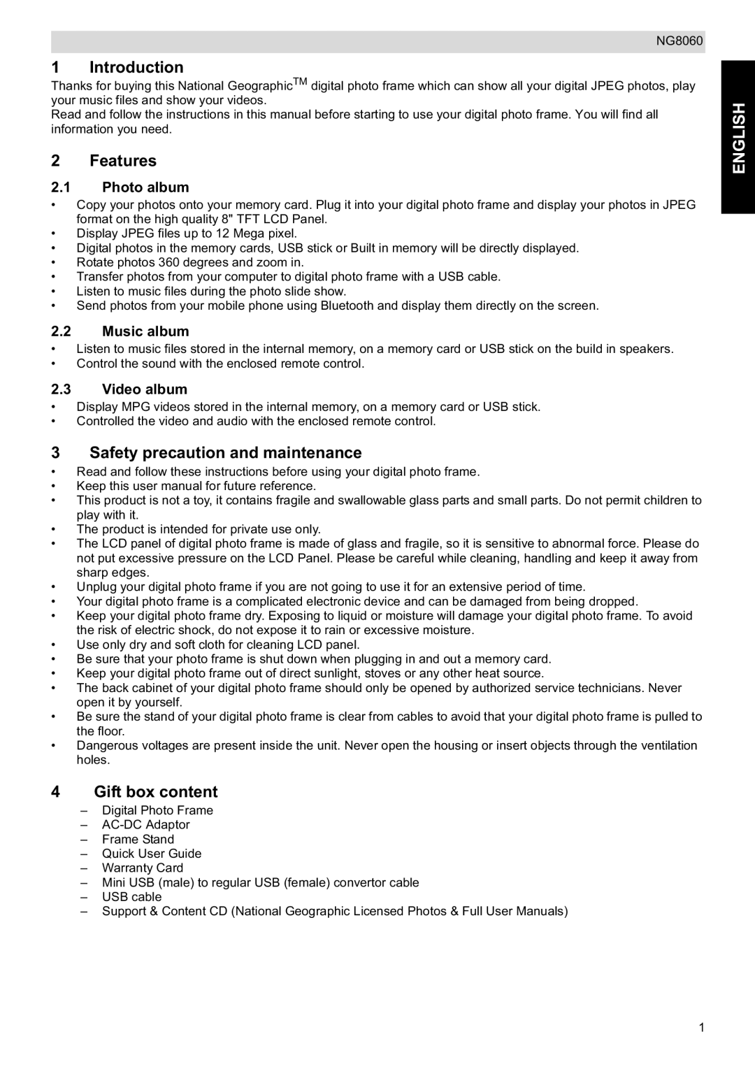 Topcom NG8060 user manual Introduction, Features, Safety precaution and maintenance, Gift box content 