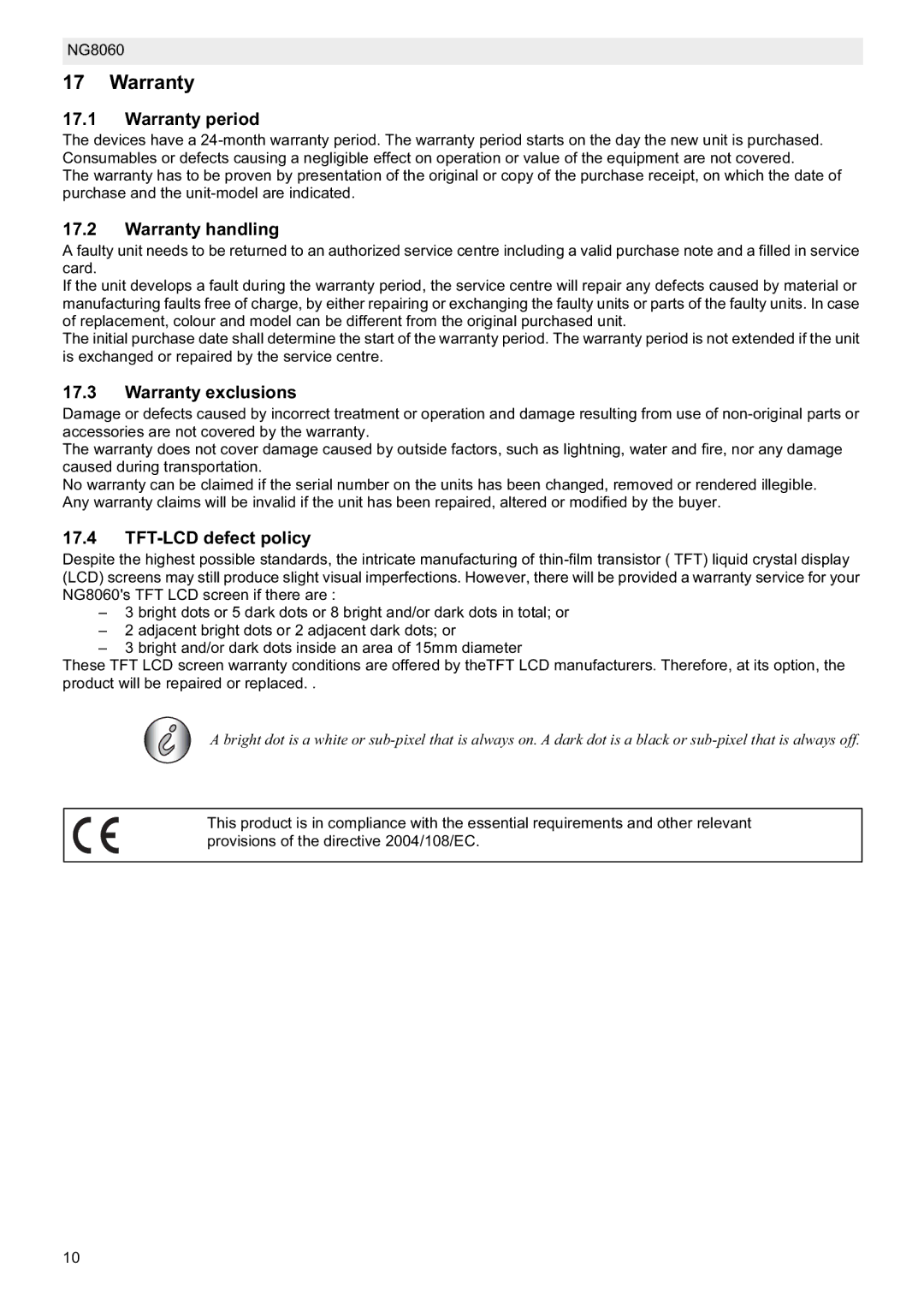 Topcom NG8060 user manual Warranty period, Warranty handling, Warranty exclusions, TFT-LCD defect policy 