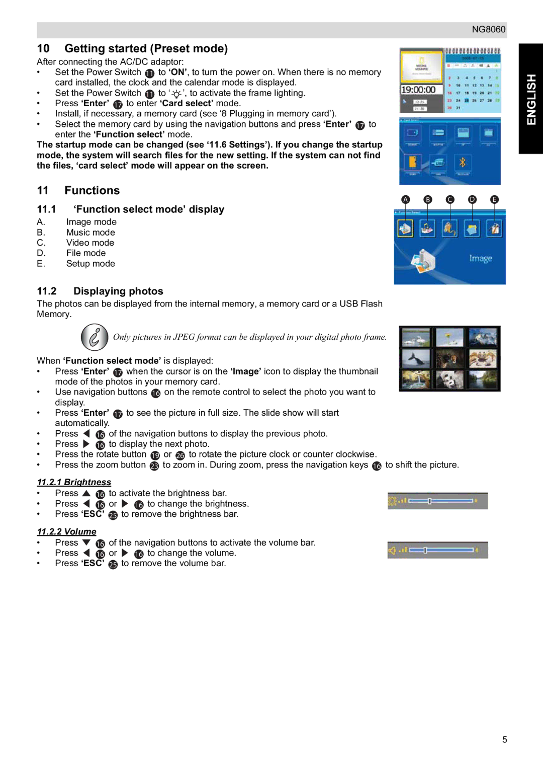 Topcom NG8060 user manual Getting started Preset mode, Functions, 11.1 ‘Function select mode’ display, Displaying photos 