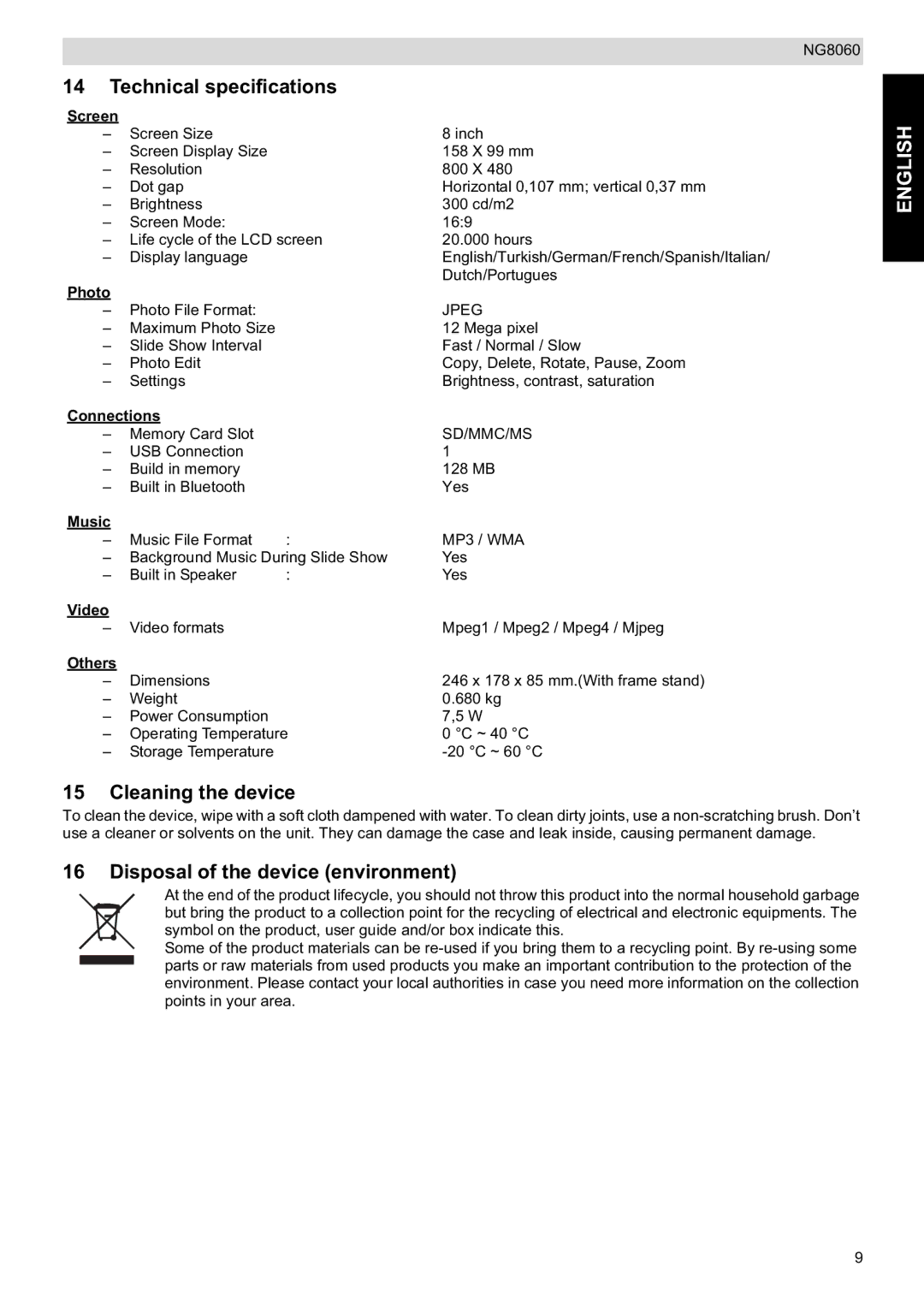 Topcom NG8060 user manual Technical specifications, Cleaning the device, Disposal of the device environment 