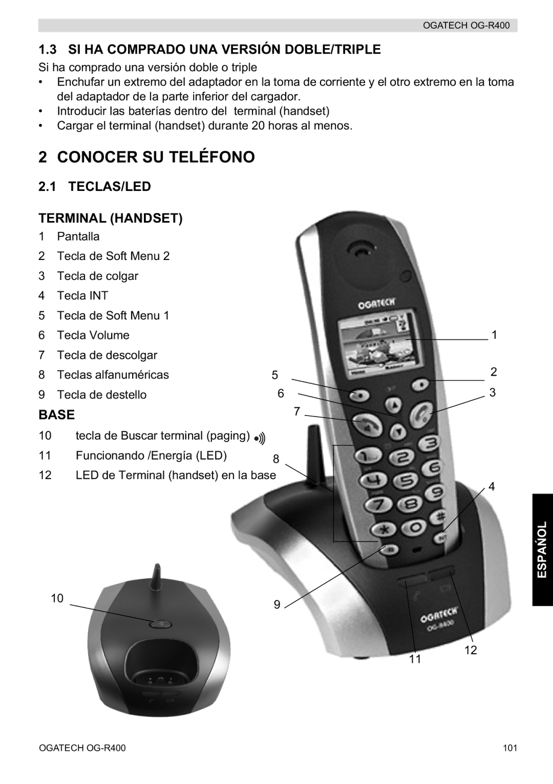 Topcom OG-R400 manual Conocer SU Teléfono, SI HA Comprado UNA Versión DOBLE/TRIPLE, TECLAS/LED Terminal Handset 