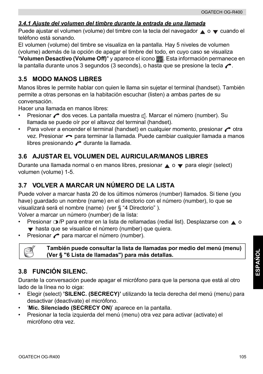 Topcom OG-R400 Modo Manos Libres, Ajustar EL Volumen DEL AURICULAR/MANOS Libres, Volver a Marcar UN Número DE LA Lista 