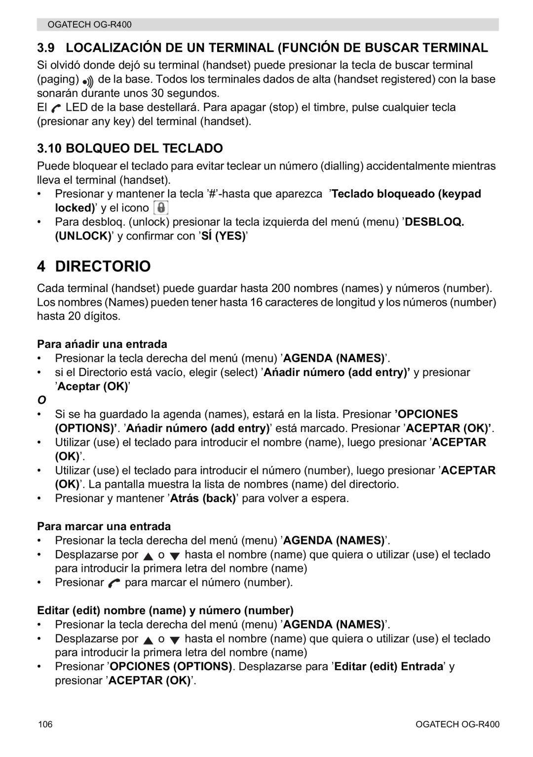 Topcom OG-R400 manual Directorio, Localización DE UN Terminal Función DE Buscar Terminal, Bolqueo DEL Teclado 