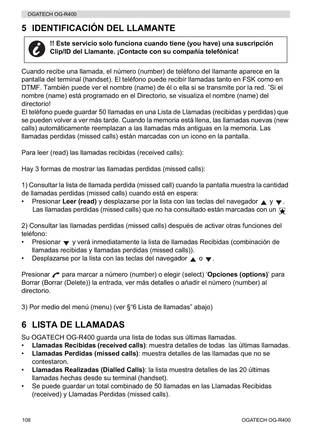 Topcom OG-R400 manual Identificación DEL Llamante, Lista DE Llamadas 