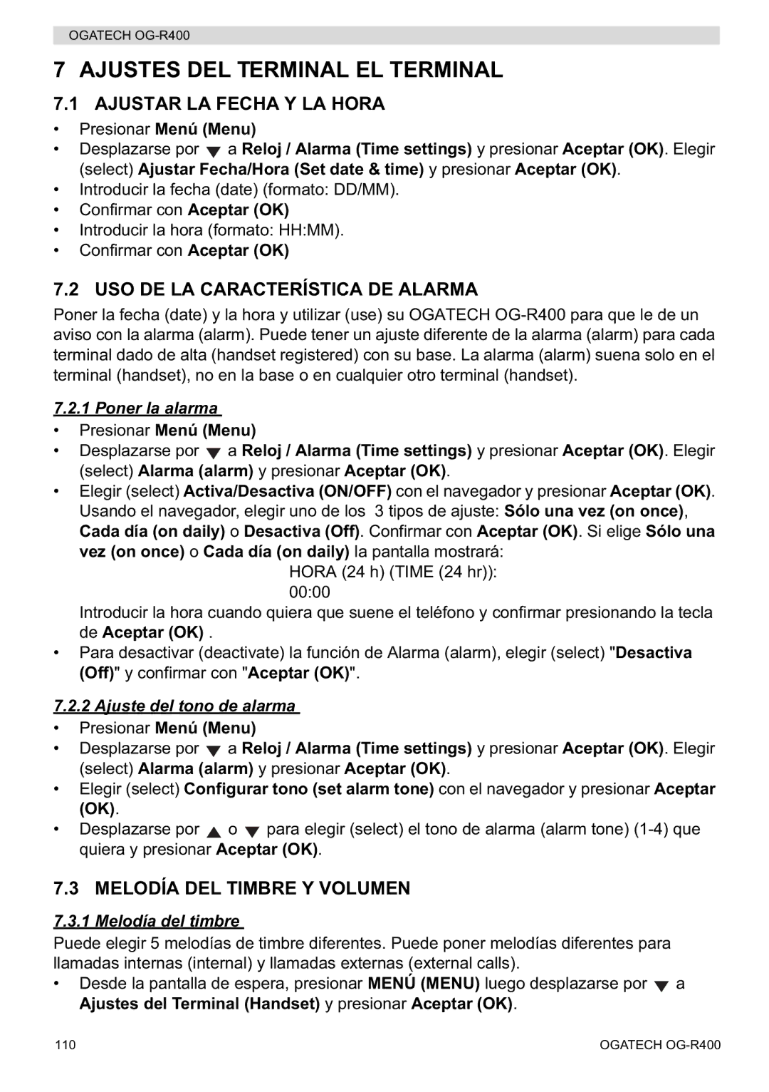 Topcom OG-R400 manual Ajustes DEL Terminal EL Terminal, Ajustar LA Fecha Y LA Hora, USO DE LA Característica DE Alarma 