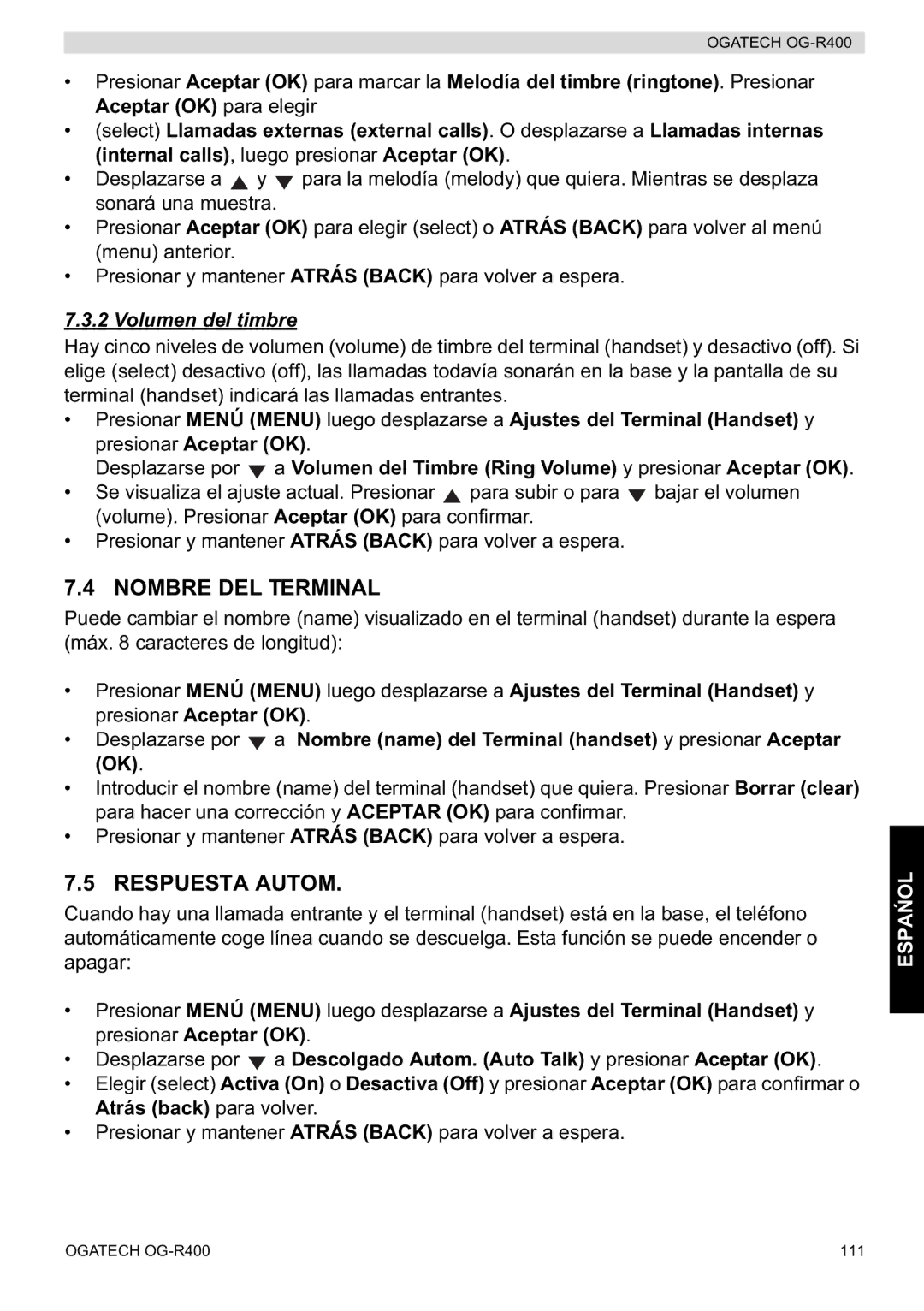 Topcom OG-R400 manual Nombre DEL Terminal, Respuesta Autom, Volumen del timbre 