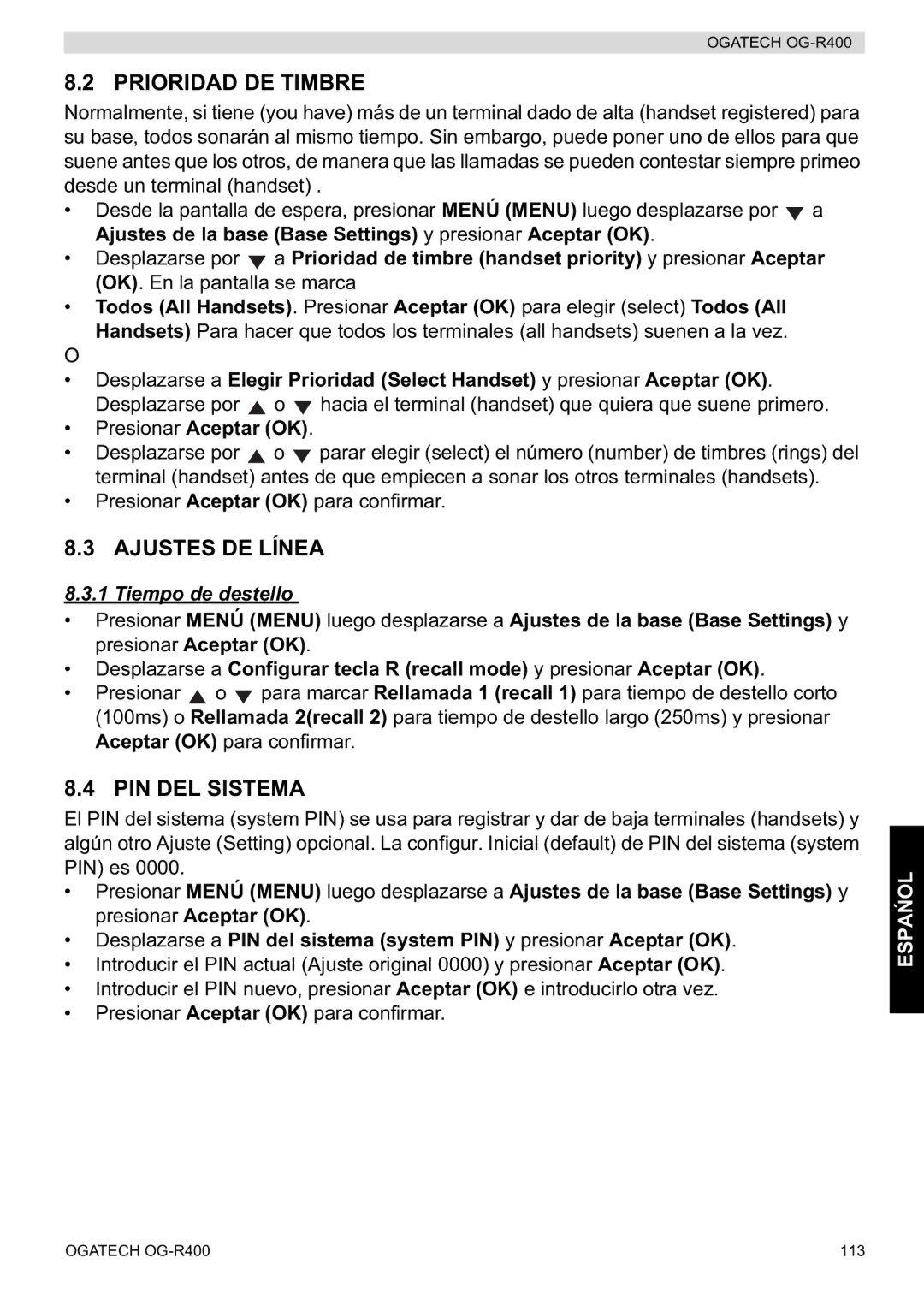 Topcom OG-R400 manual Prioridad DE Timbre, Ajustes DE Línea, PIN DEL Sistema, Tiempo de destello 