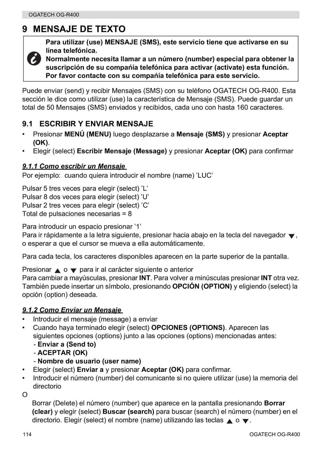 Topcom OG-R400 manual Mensaje DE Texto, Escribir Y Enviar Mensaje, Como escribir un Mensaje, Como Enviar un Mensaje 