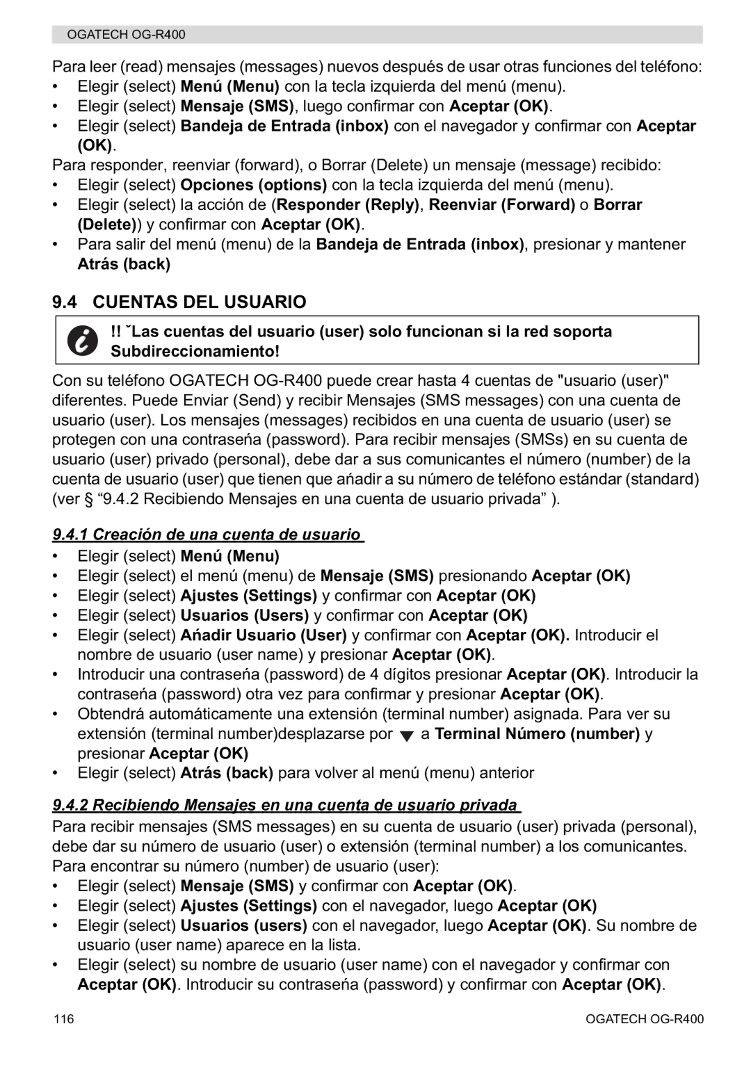 Topcom OG-R400 manual Cuentas DEL Usuario, Atrás back, Creación de una cuenta de usuario 