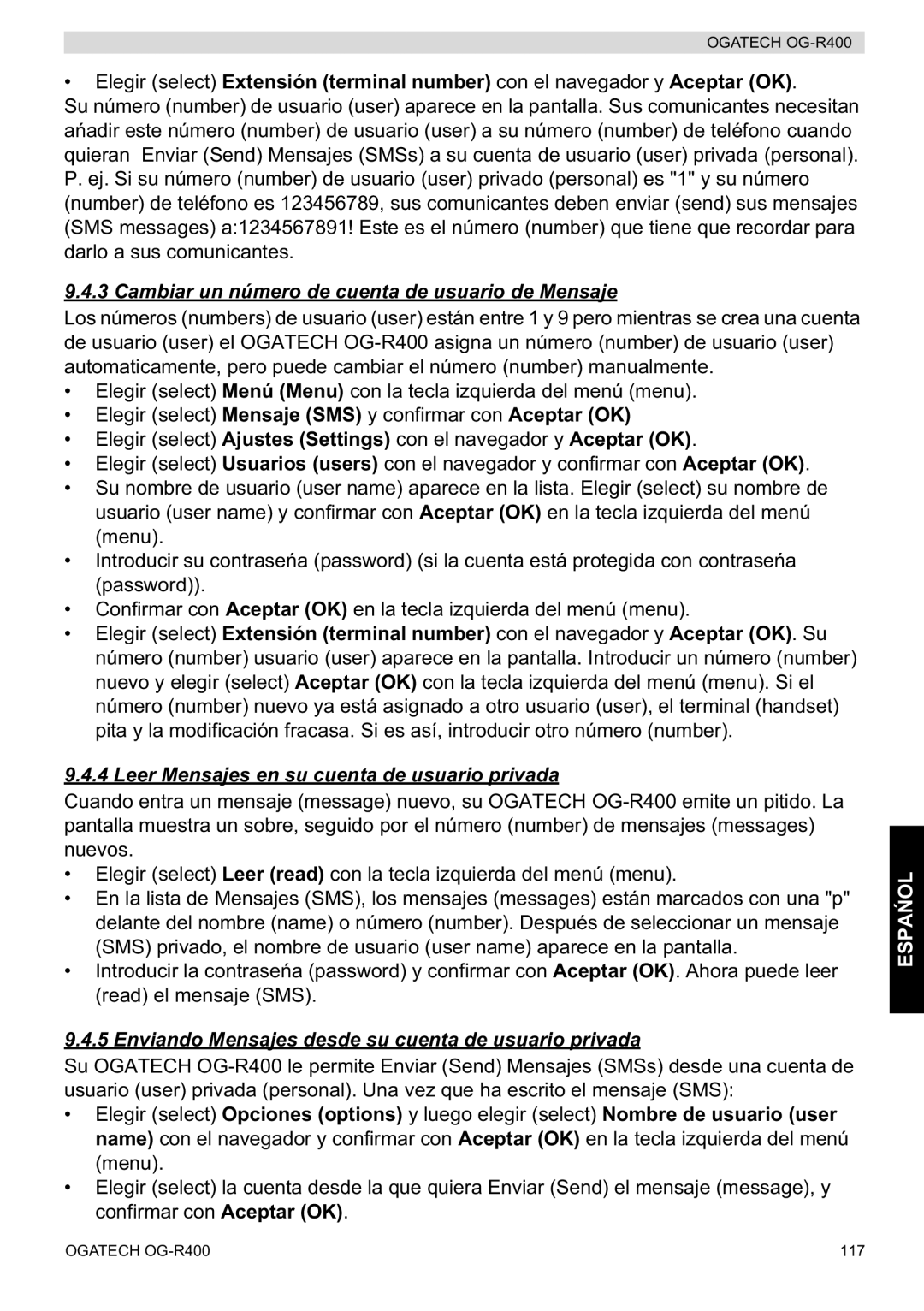 Topcom OG-R400 manual Cambiar un número de cuenta de usuario de Mensaje, Leer Mensajes en su cuenta de usuario privada 