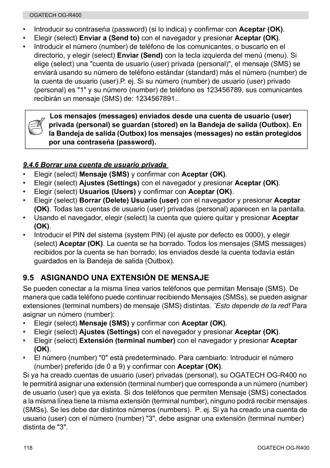 Topcom OG-R400 manual Asignando UNA Extensión DE Mensaje, Borrar una cuenta de usuario privada 