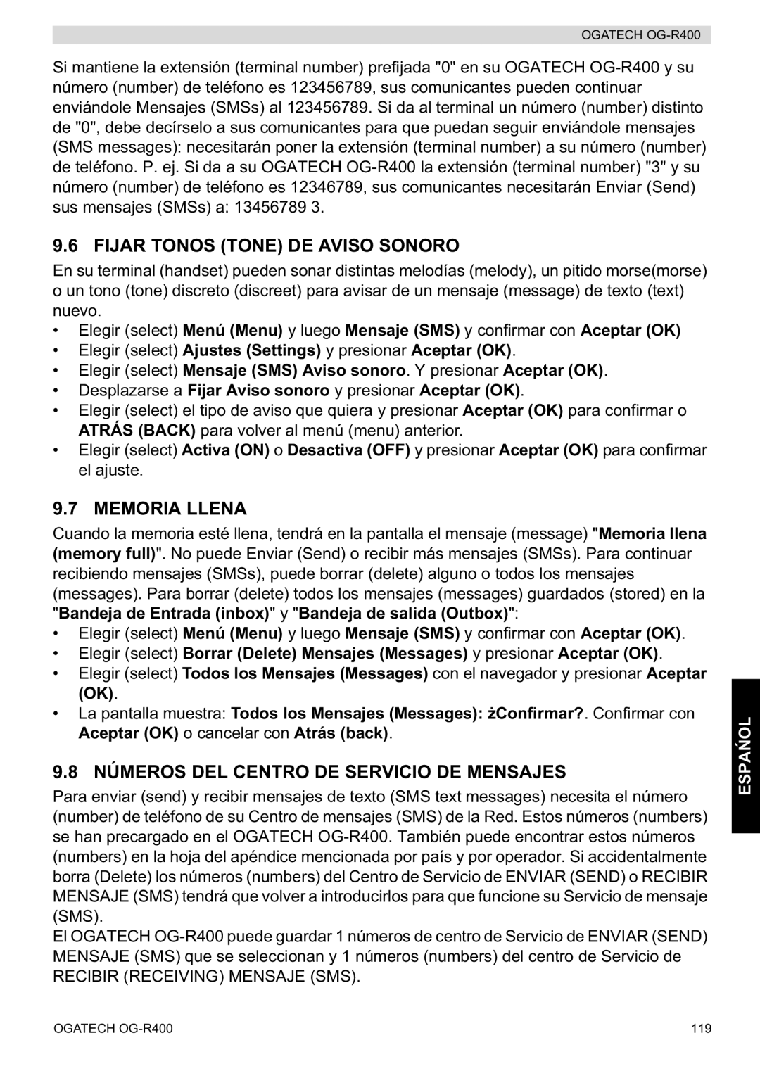 Topcom OG-R400 manual Fijar Tonos Tone DE Aviso Sonoro, Memoria Llena, Números DEL Centro DE Servicio DE Mensajes 