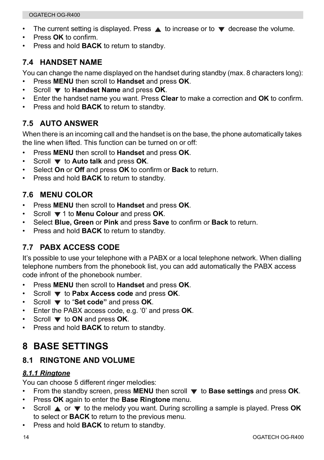 Topcom OG-R400 manual Base Settings, Handset Name, Auto Answer, Menu Color, Pabx Access Code 