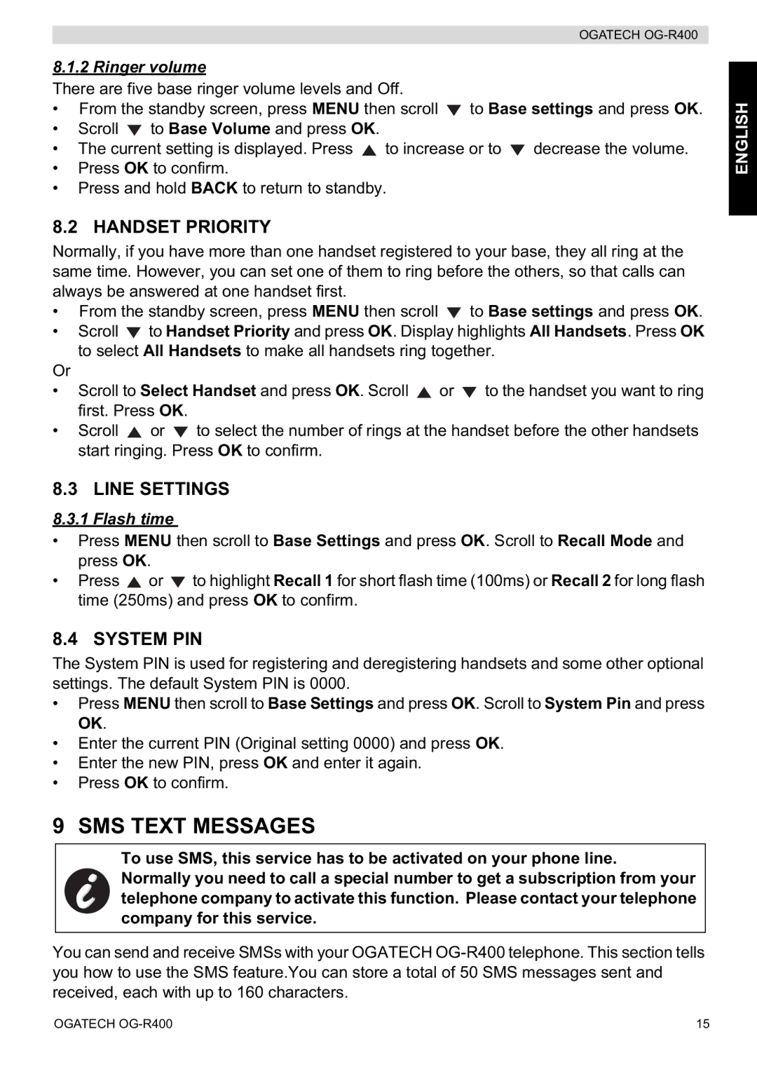 Topcom OG-R400 manual SMS Text Messages, Handset Priority, Line Settings, System PIN, Flash time 