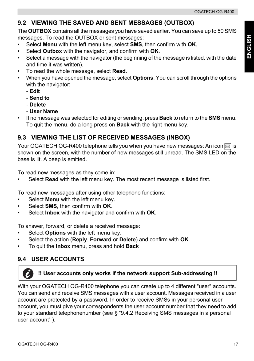 Topcom OG-R400 Viewing the Saved and Sent Messages Outbox, Viewing the List of Received Messages Inbox, User Accounts 