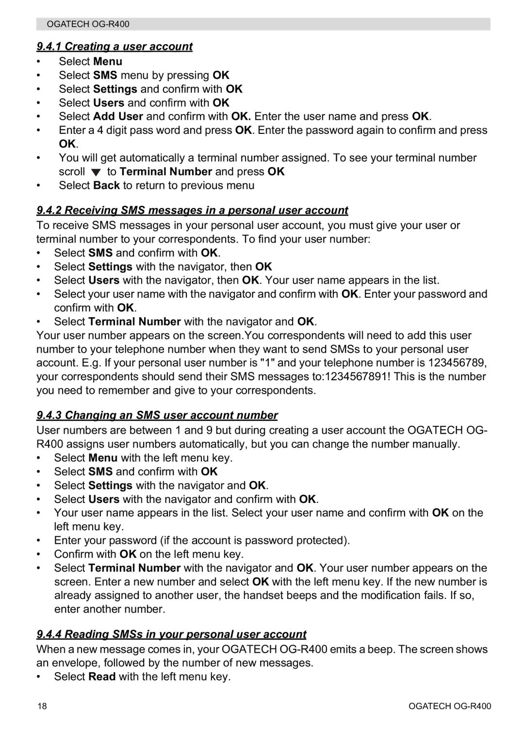 Topcom OG-R400 manual Creating a user account, Receiving SMS messages in a personal user account 