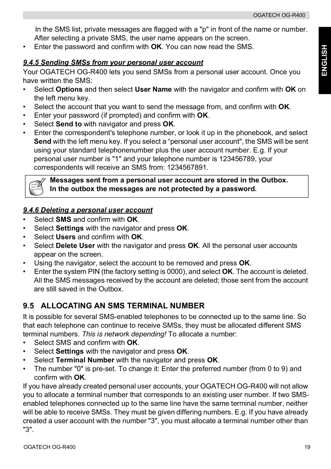 Topcom OG-R400 manual Allocating AN SMS Terminal Number, Sending SMSs from your personal user account 