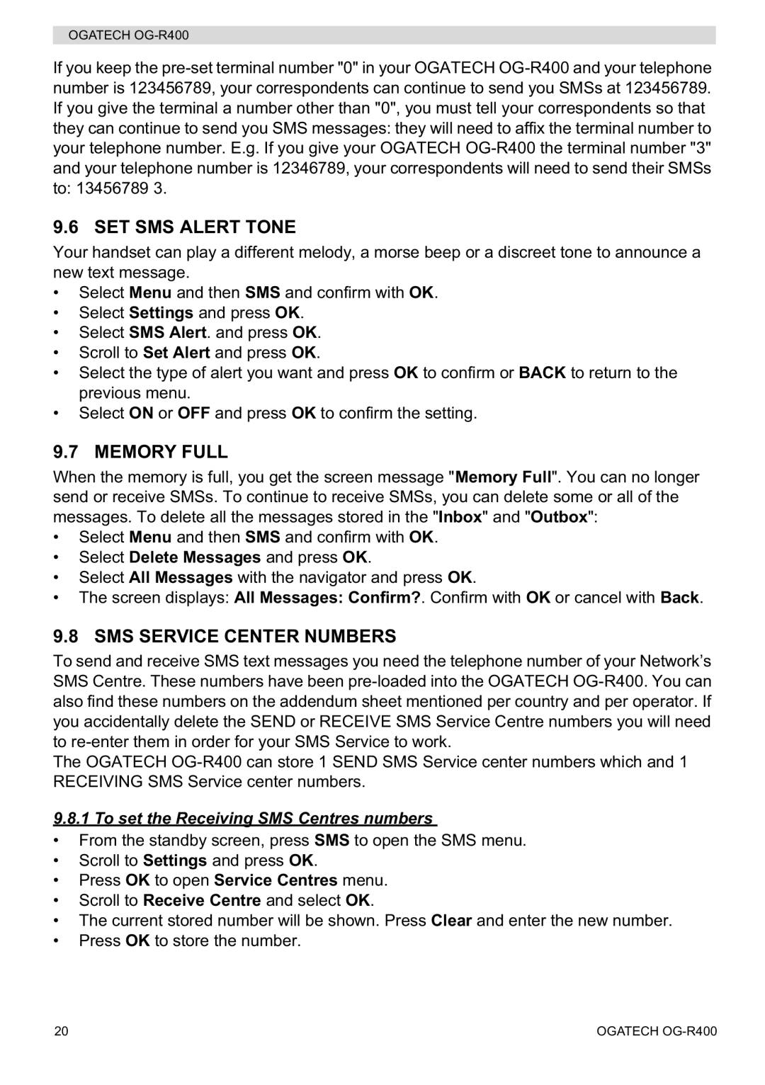 Topcom OG-R400 manual SET SMS Alert Tone, Memory Full, SMS Service Center Numbers, To set the Receiving SMS Centres numbers 