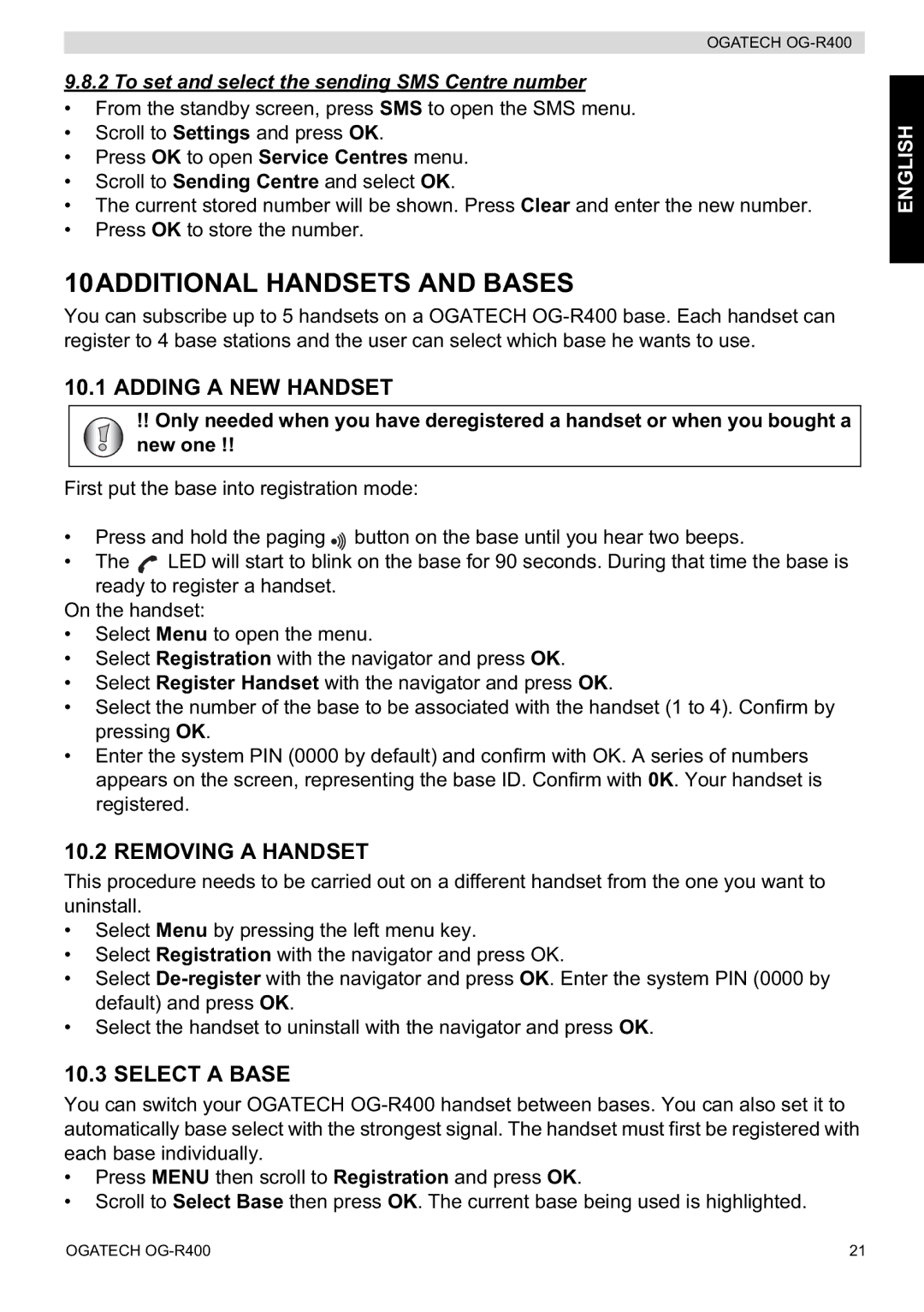 Topcom OG-R400 manual 10ADDITIONAL Handsets and Bases, Adding a NEW Handset, Removing a Handset, Select a Base 