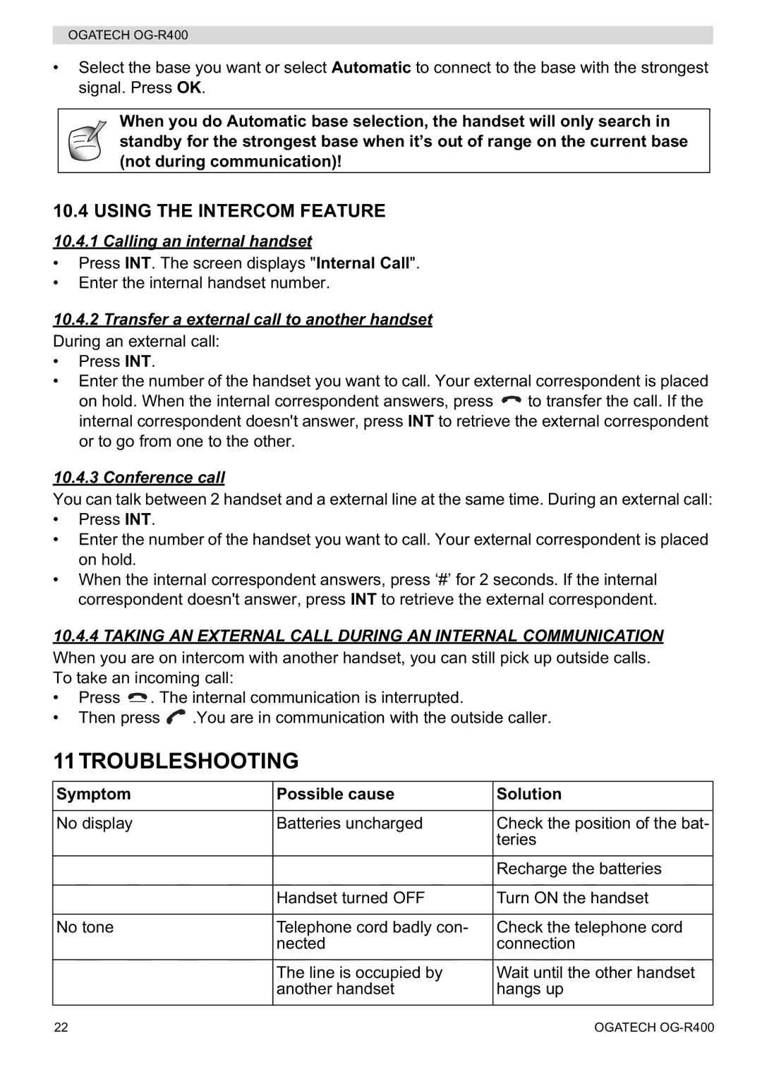 Topcom OG-R400 manual 11TROUBLESHOOTING, Using the Intercom Feature, Calling an internal handset, Conference call 