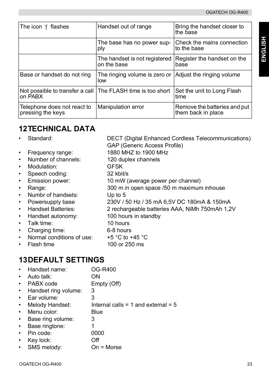 Topcom OG-R400 manual 12TECHNICAL Data, 13DEFAULT Settings 