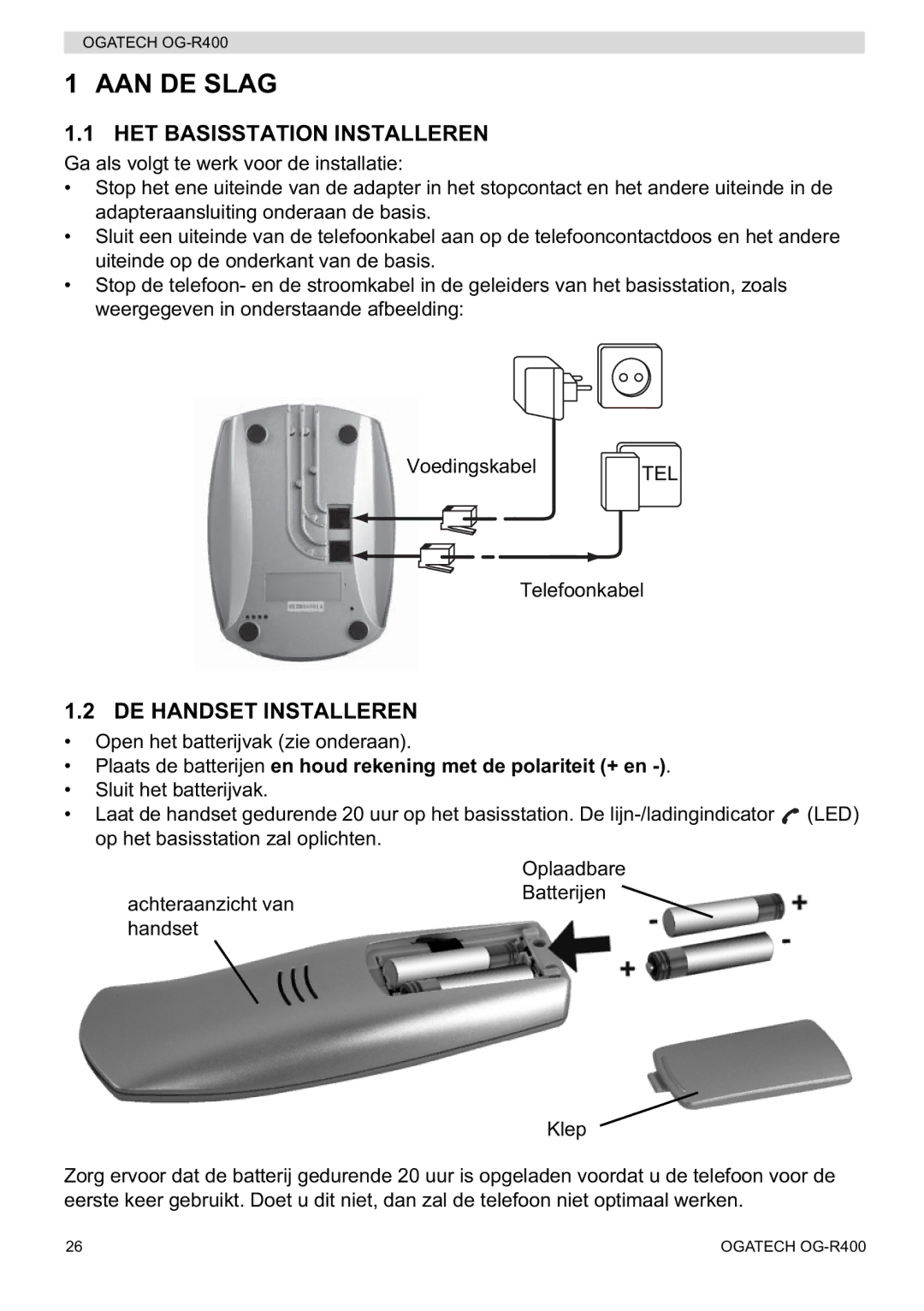 Topcom OG-R400 manual AAN DE Slag, HET Basisstation Installeren, DE Handset Installeren 