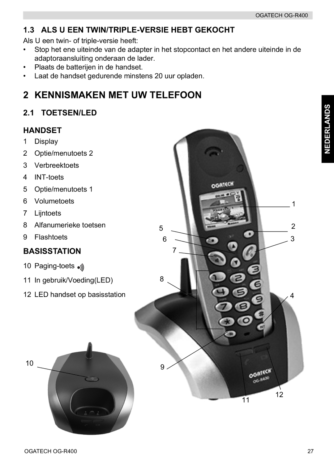 Topcom OG-R400 Kennismaken MET UW Telefoon, ALS U EEN TWIN/TRIPLE-VERSIE Hebt Gekocht, TOETSEN/LED Handset, Basisstation 