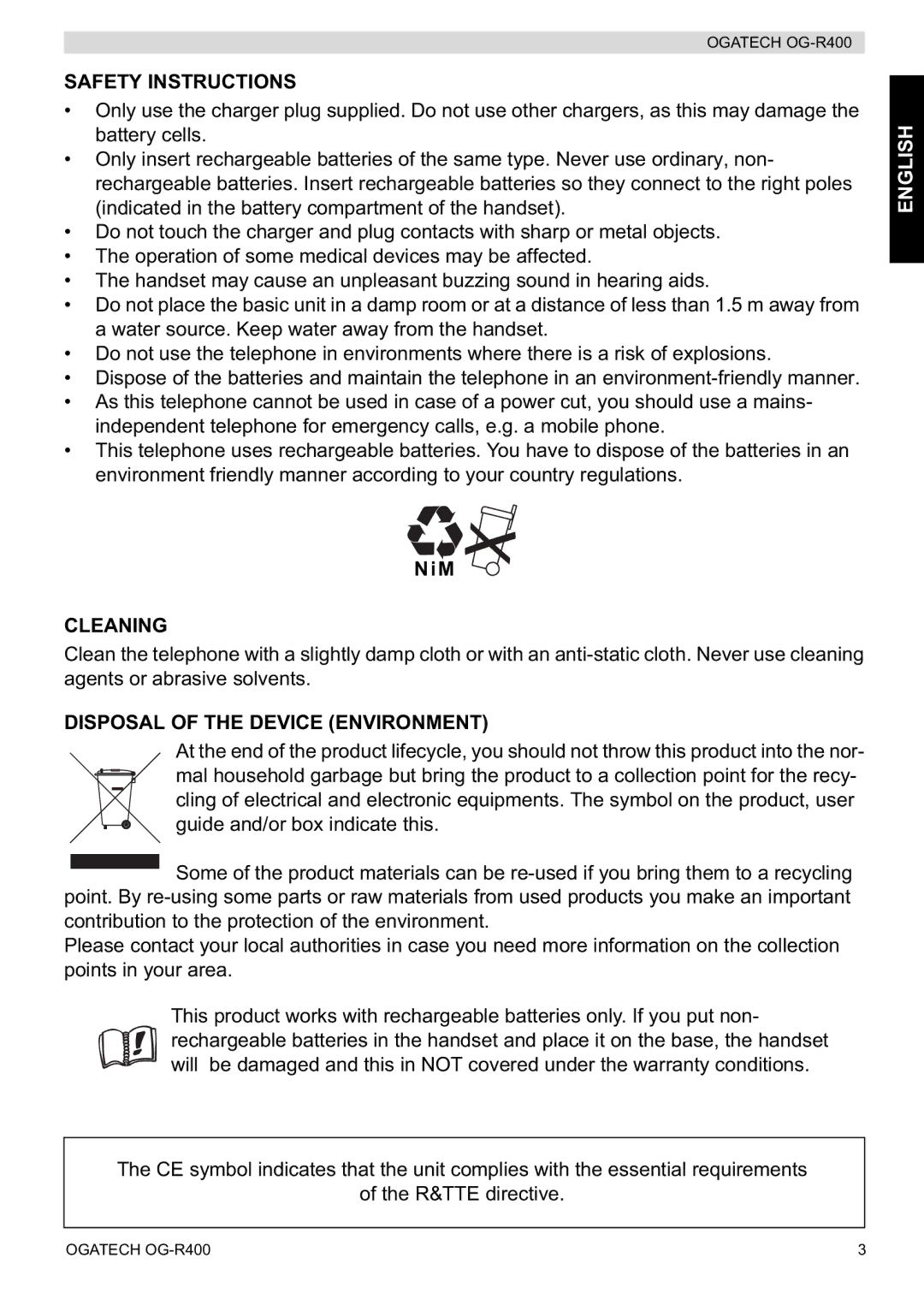 Topcom OG-R400 manual Safety Instructions, NiM 