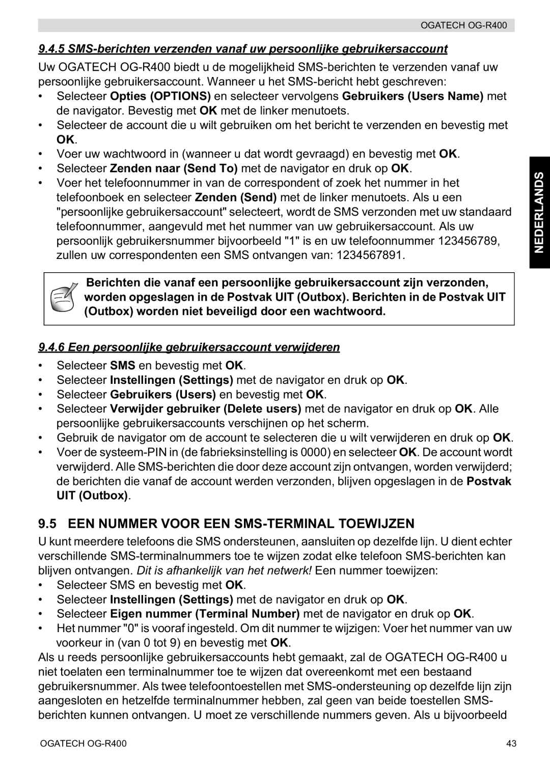 Topcom OG-R400 manual EEN Nummer Voor EEN SMS-TERMINAL Toewijzen, Een persoonlijke gebruikersaccount verwijderen 