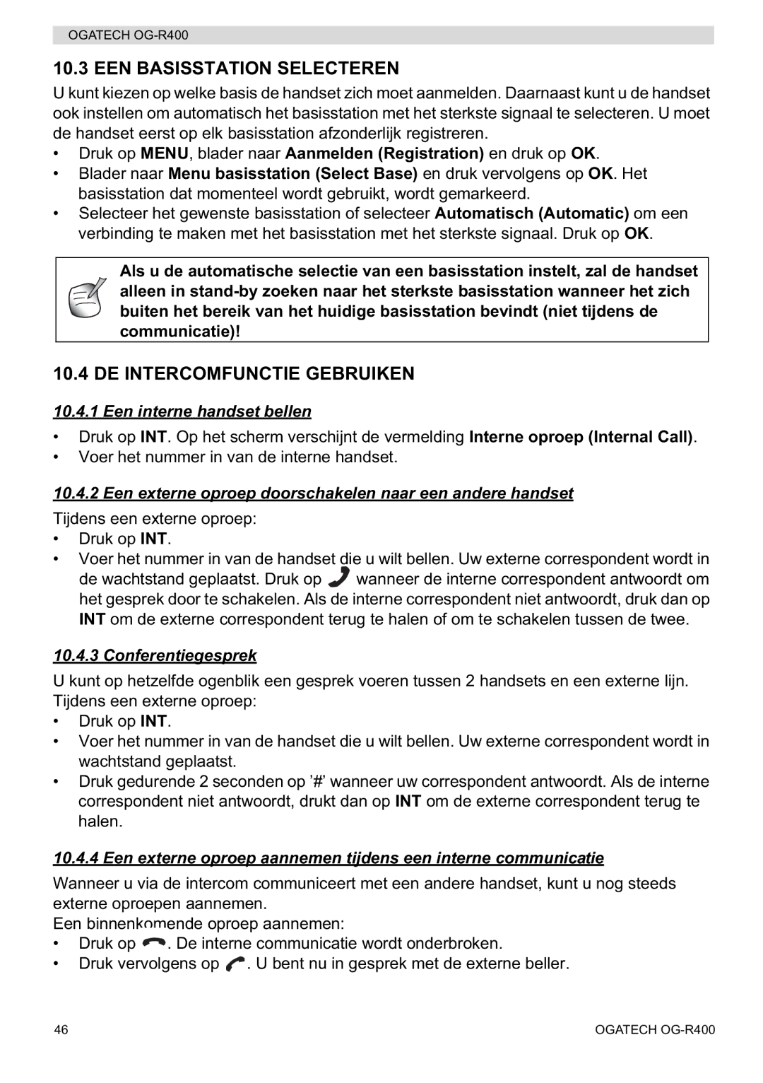 Topcom OG-R400 EEN Basisstation Selecteren, DE Intercomfunctie Gebruiken, Een interne handset bellen, Conferentiegesprek 