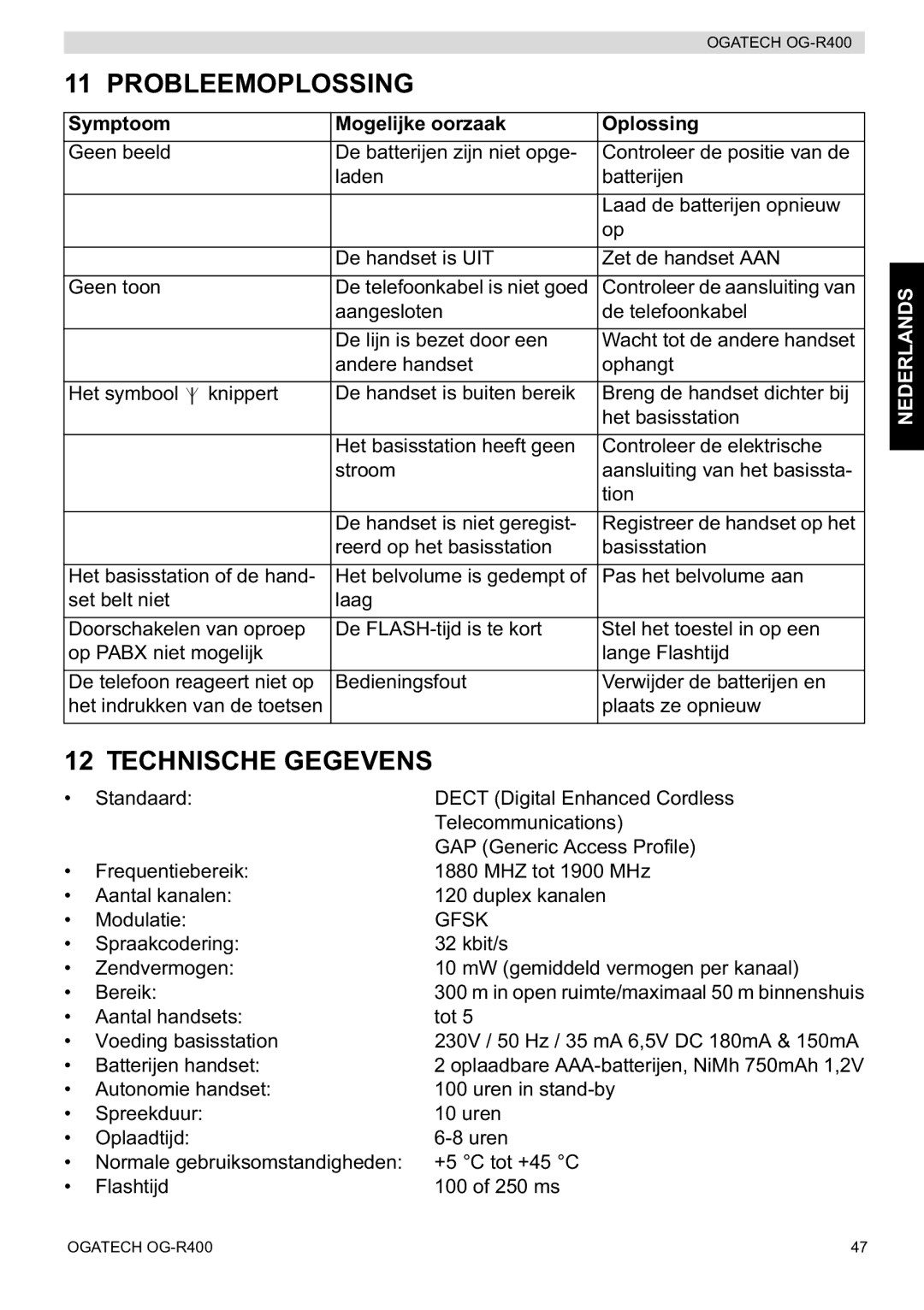 Topcom OG-R400 manual Probleemoplossing, Technische Gegevens, Symptoom Mogelijke oorzaak Oplossing 