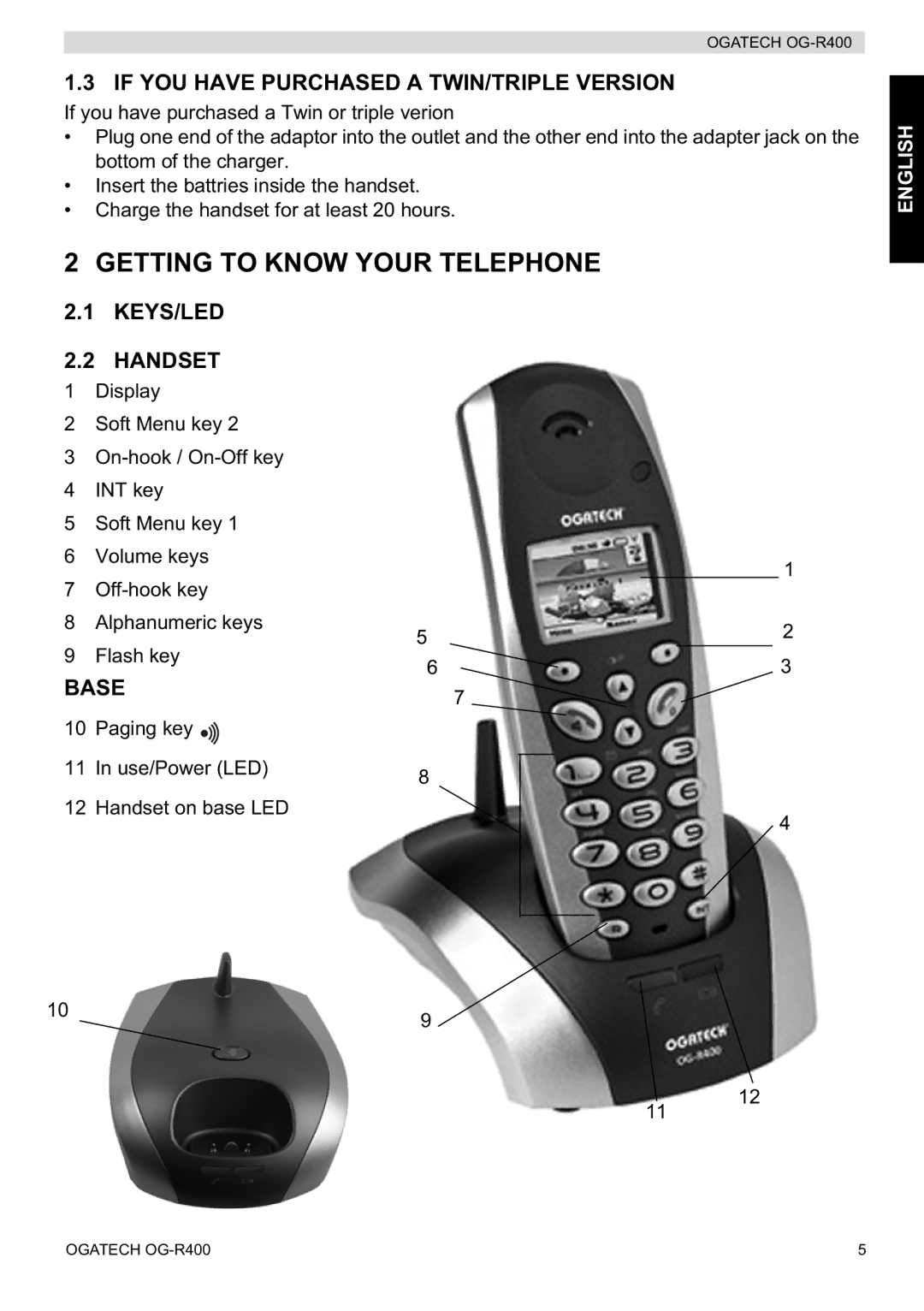 Topcom OG-R400 manual Getting to Know Your Telephone, If YOU have Purchased a TWIN/TRIPLE Version, KEYS/LED Handset, Base 