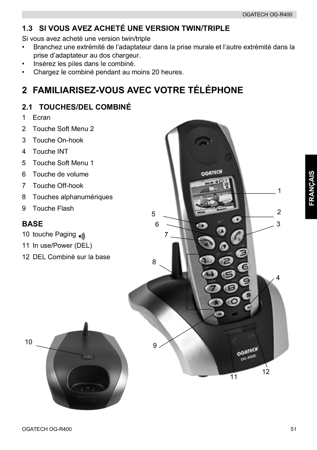 Topcom OG-R400 FAMILIARISEZ-VOUS Avec Votre Téléphone, SI Vous Avez Acheté UNE Version TWIN/TRIPLE, TOUCHES/DEL Combiné 