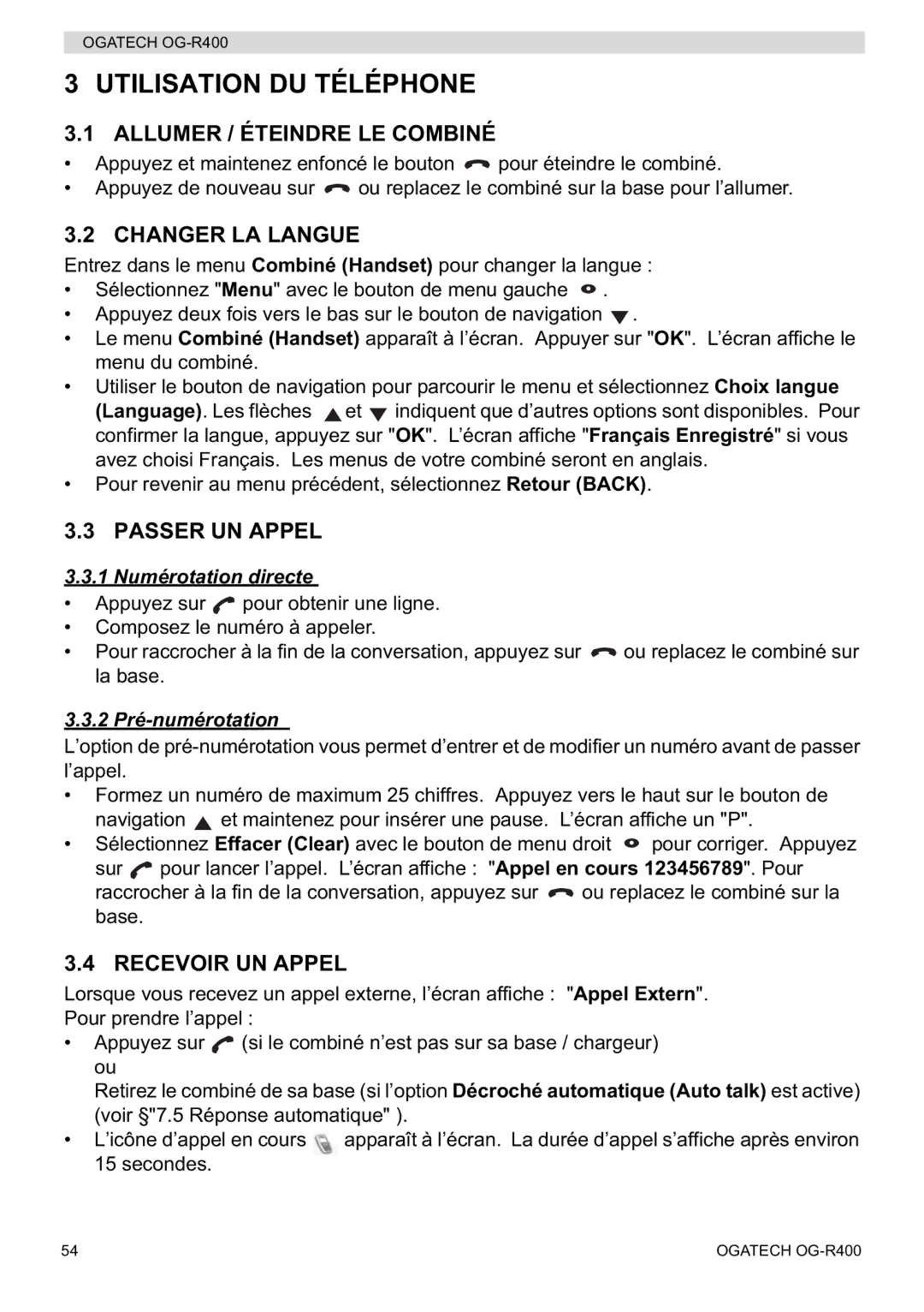 Topcom OG-R400 manual Utilisation DU Téléphone, Allumer / Éteindre LE Combiné, Changer LA Langue, Passer UN Appel 