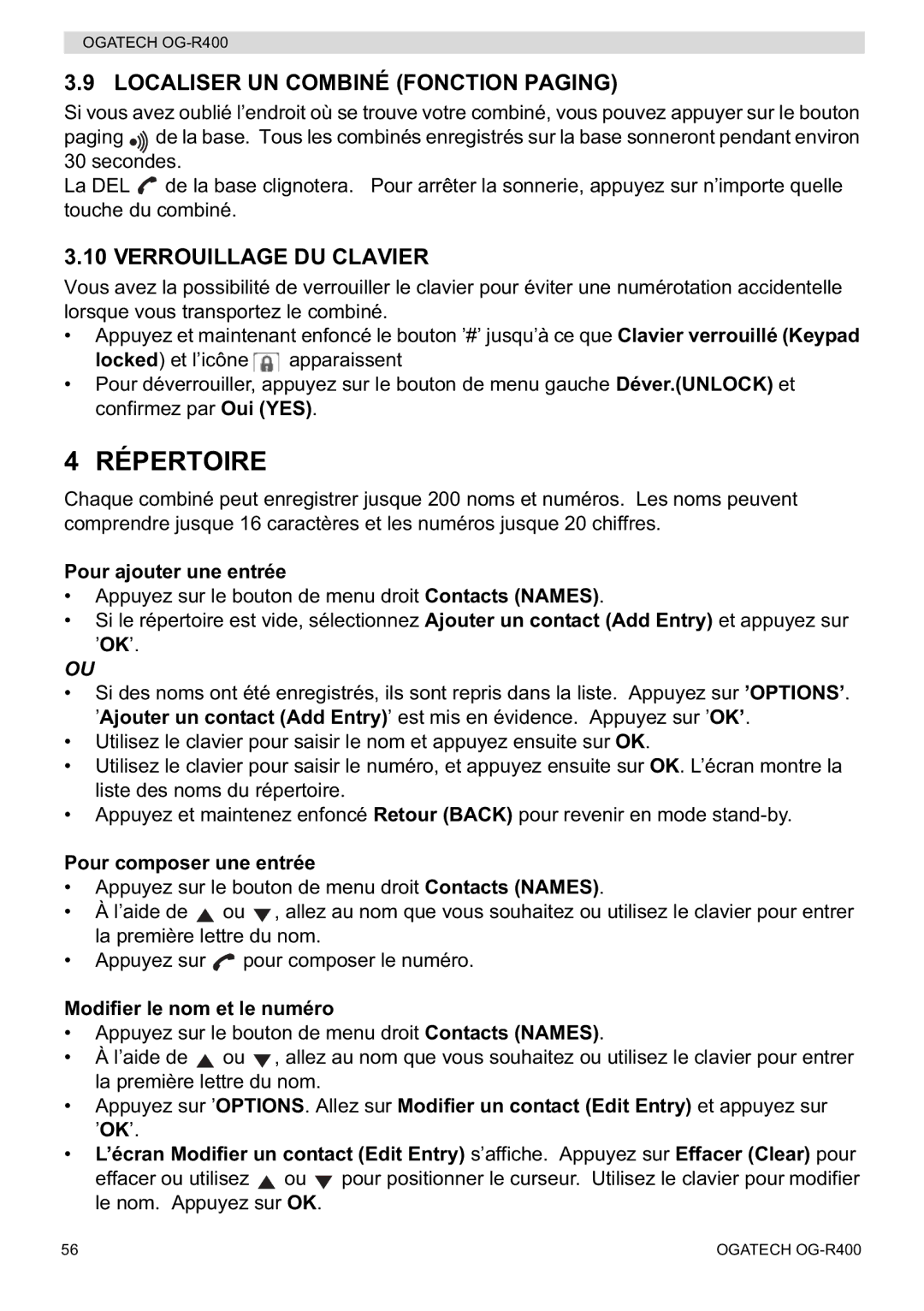 Topcom OG-R400 manual Répertoire, Localiser UN Combiné Fonction Paging, Verrouillage DU Clavier 