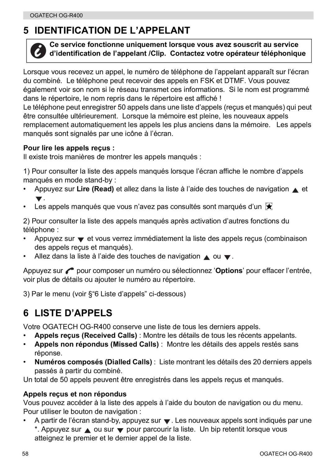 Topcom OG-R400 Identification DE L’APPELANT, Liste D’APPELS, Pour lire les appels reçus, Appels reçus et non répondus 