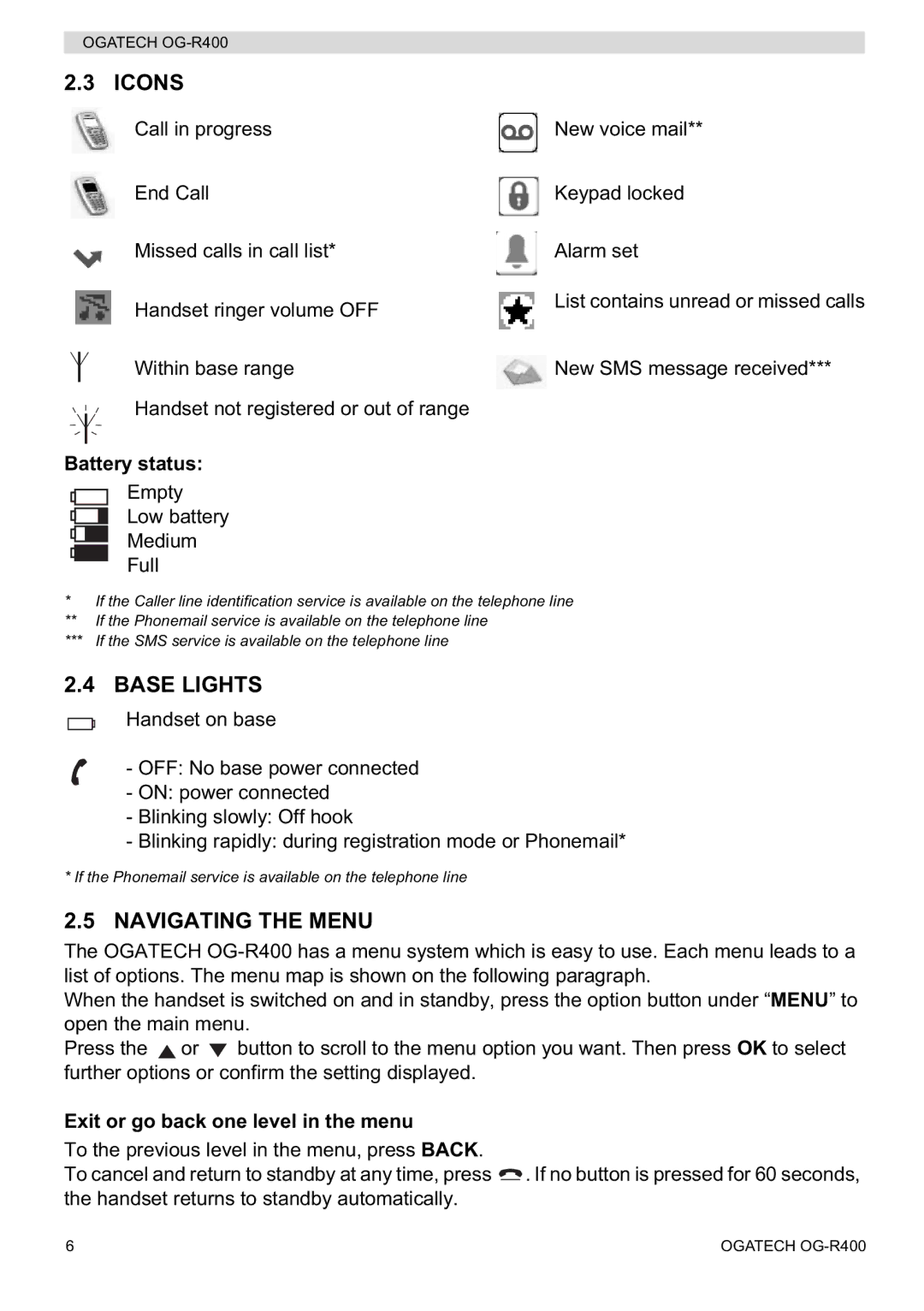 Topcom OG-R400 manual Icons, Base Lights, Navigating the Menu, Battery status, Exit or go back one level in the menu 