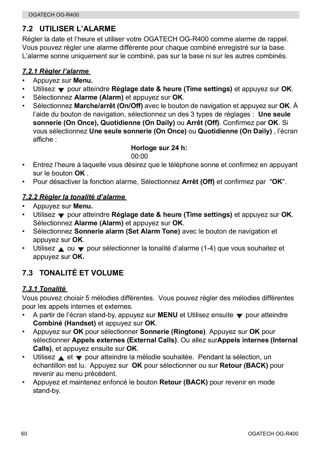 Topcom OG-R400 manual Utiliser L’ALARME, Tonalité ET Volume, 1 Régler l’alarme, 2 Régler la tonalité d’alarme 