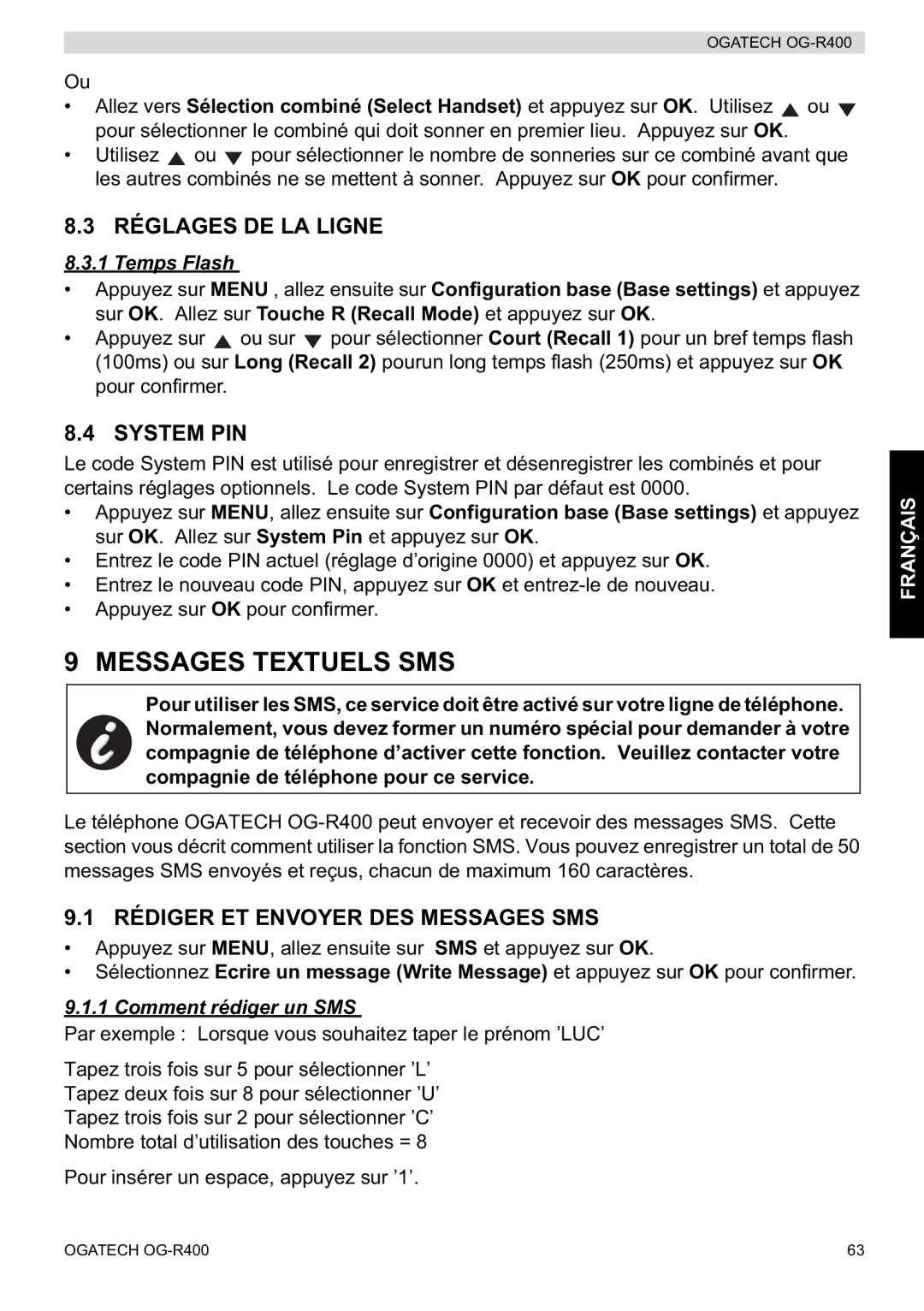 Topcom OG-R400 manual Messages Textuels SMS, Réglages DE LA Ligne, Rédiger ET Envoyer DES Messages SMS, Temps Flash 