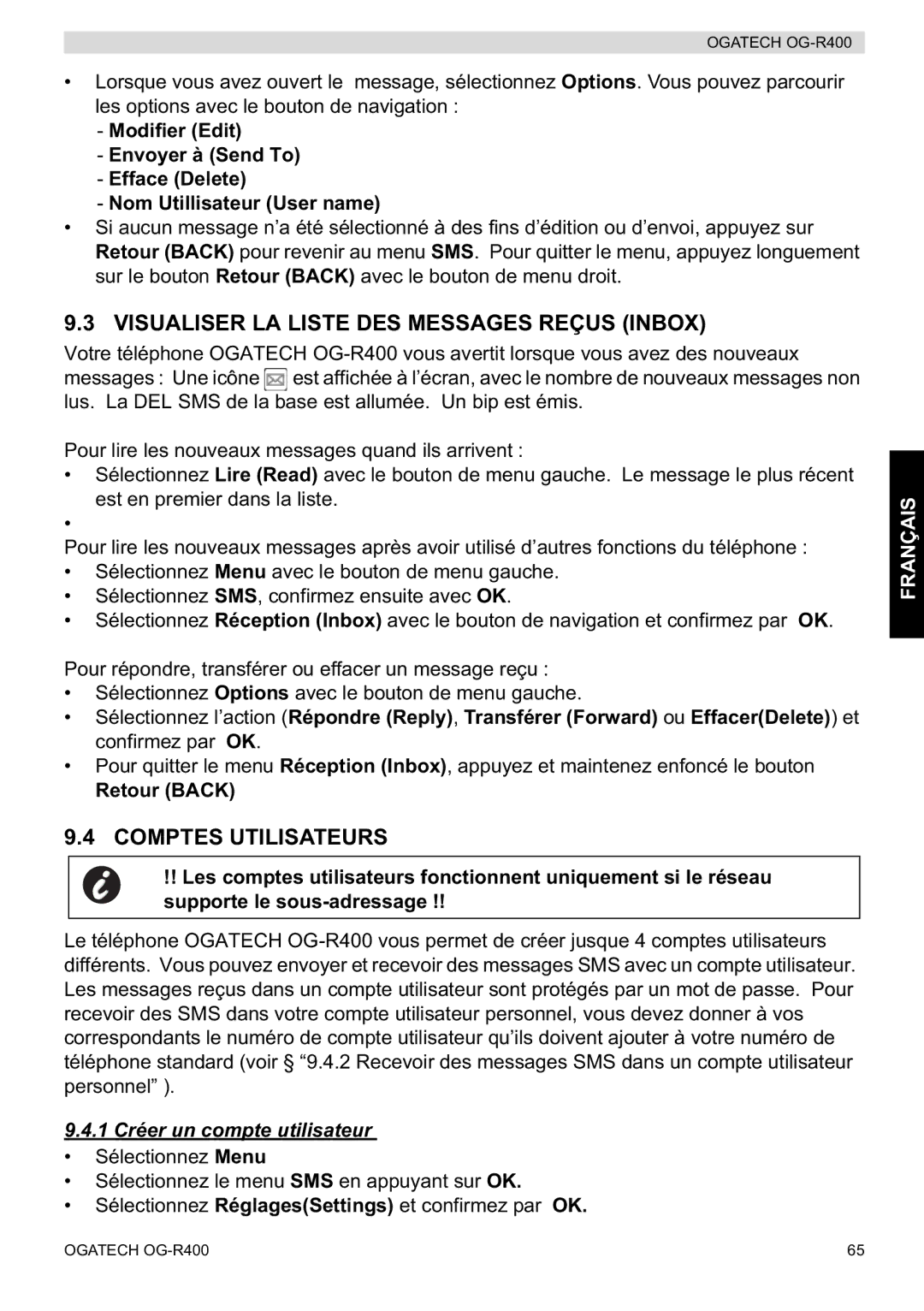 Topcom OG-R400 manual Visualiser LA Liste DES Messages Reçus Inbox, Comptes Utilisateurs, Retour Back 