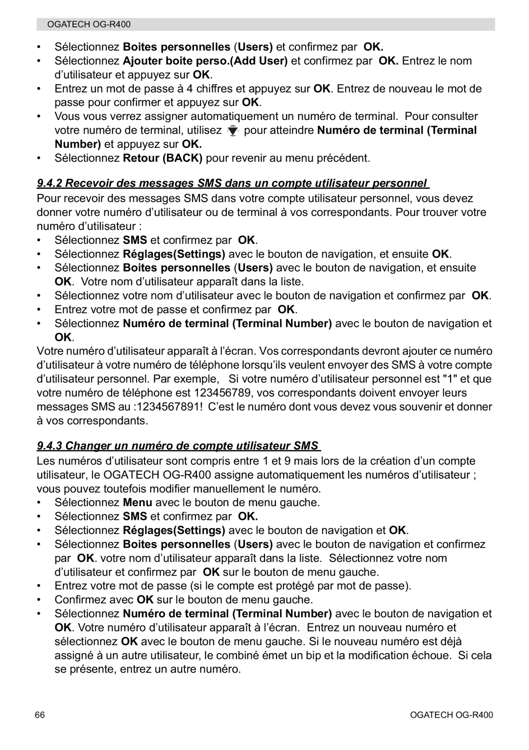 Topcom OG-R400 manual Changer un numéro de compte utilisateur SMS 