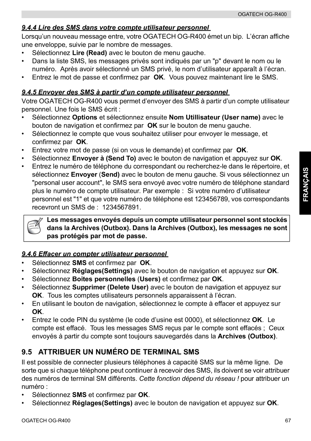 Topcom OG-R400 manual Attribuer UN Numéro DE Terminal SMS, Lire des SMS dans votre compte utilisateur personnel 