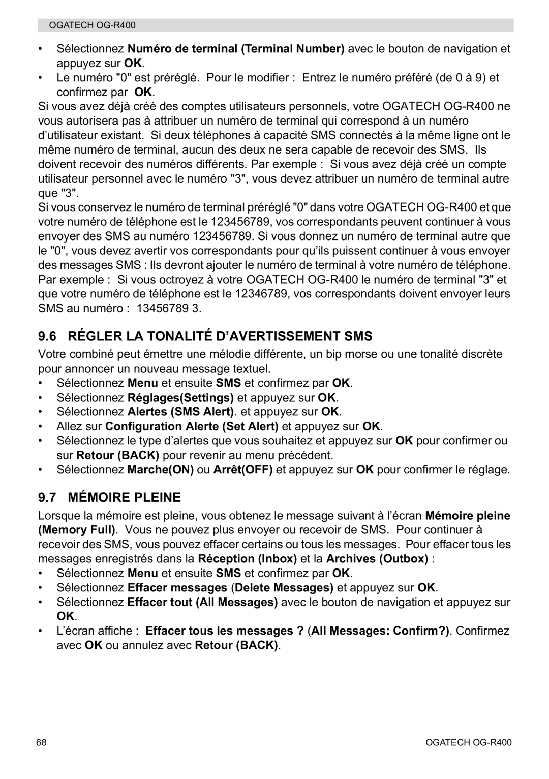 Topcom OG-R400 manual Régler LA Tonalité D’AVERTISSEMENT SMS, Mémoire Pleine 