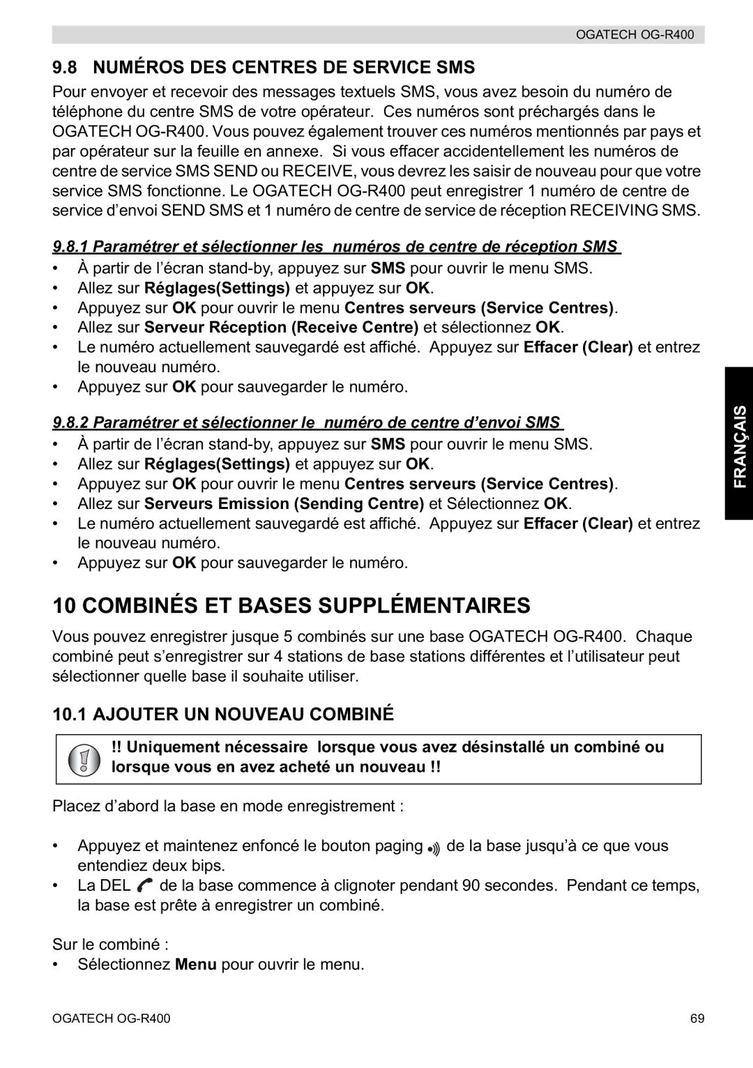 Topcom OG-R400 manual Combinés ET Bases Supplémentaires, Numéros DES Centres DE Service SMS, Ajouter UN Nouveau Combiné 