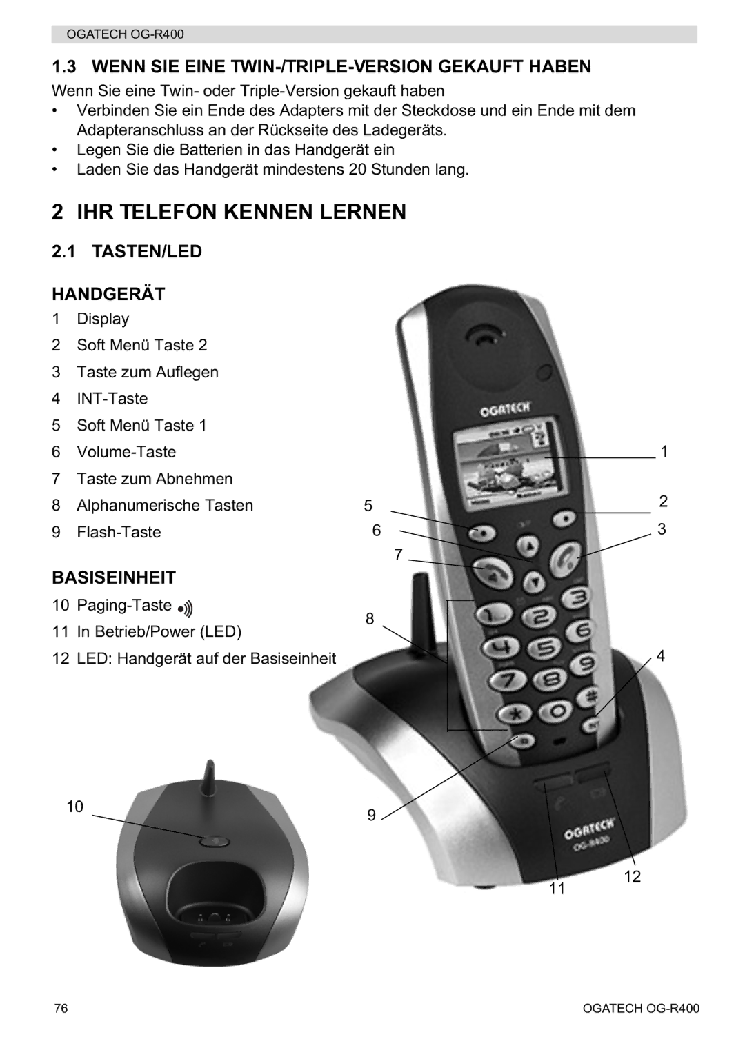 Topcom OG-R400 manual IHR Telefon Kennen Lernen, Wenn SIE Eine TWIN-/TRIPLE-VERSION Gekauft Haben, TASTEN/LED Handgerät 